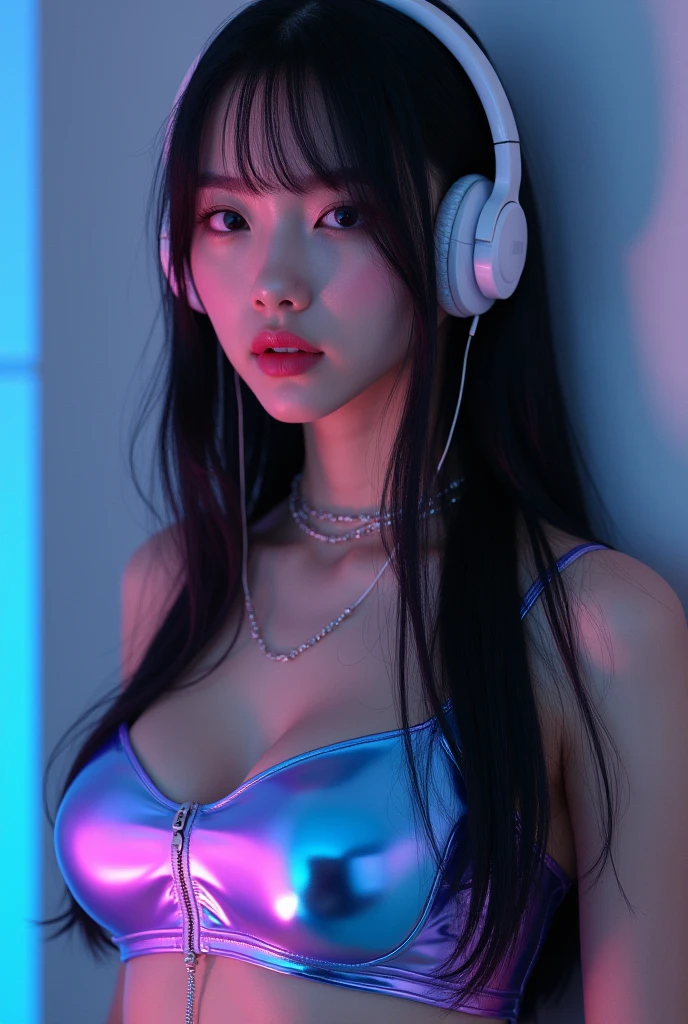 highest quality、masterpiece、Ultra-high resolution、(Photorealistic:1.4)、RAW Photos、(A girl tied to a machine)、13 years、Shiny platinum hair、Embarrassed look、Glowing Skin、((Ultra-Realistic Details))、Portraiture、Global Illumination、Shadow、Octane Rendering、8k、Ultra Sharp、Big Breasts、Cleavage、(Exposed bare skin underbust:1.4)、(Transparent latex micro bikini without strings:1.4)、Upper arm chain、Very intricate detail、Realistic Light、Trends of the CG Association、Purple eyes、Shining Eyes、To the camera、Neon Details、Sit on、Futuristic hair accessories、Gundam、Small LED Lamp、Purple neon lighting、Green neon lighting、, Showing your underarm hair, hard nipples erect:1.4, nipples pointing up:1.4, headset,