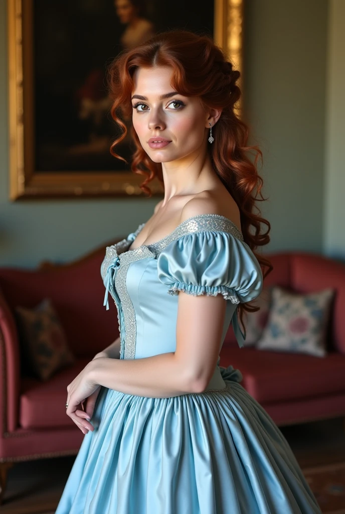 Create imaginative and amazing images demonstrating the style of ((Southern Belle)), hyper realistic, 8k, vibrant colors, sharp crisp image, Ginger hair, large pert breasts, low cut dress,