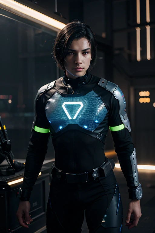 Main Character - Dika (Cyber Warrior)
A highly detailed 3D anime-style character with a futuristic cyber theme. The character is a young male with short black hair, glowing blue cybernetic eyes, and a determined expression. Wearing a sleek, high-tech bodysuit with neon blue circuit-like patterns, holographic wrist interface, and a utility belt filled with hacking tools. The outfit combines a modern hacker aesthetic with armored elements, including a semi-transparent digital cape. The background features a neon-lit cyber cityscape with floating holograms and streams of data flowing in the air. Dramatic lighting with glowing reflections enhances the depth and 3D realism of the scene. The character is in a dynamic pose, as if preparing to enter the digital world through a glowing data portal.