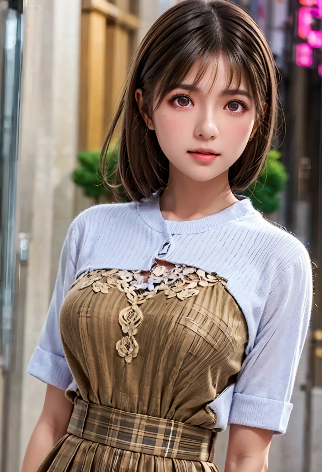 A in a black blouse, short branco, short brown hair with two buns, with a bear, gold eyes