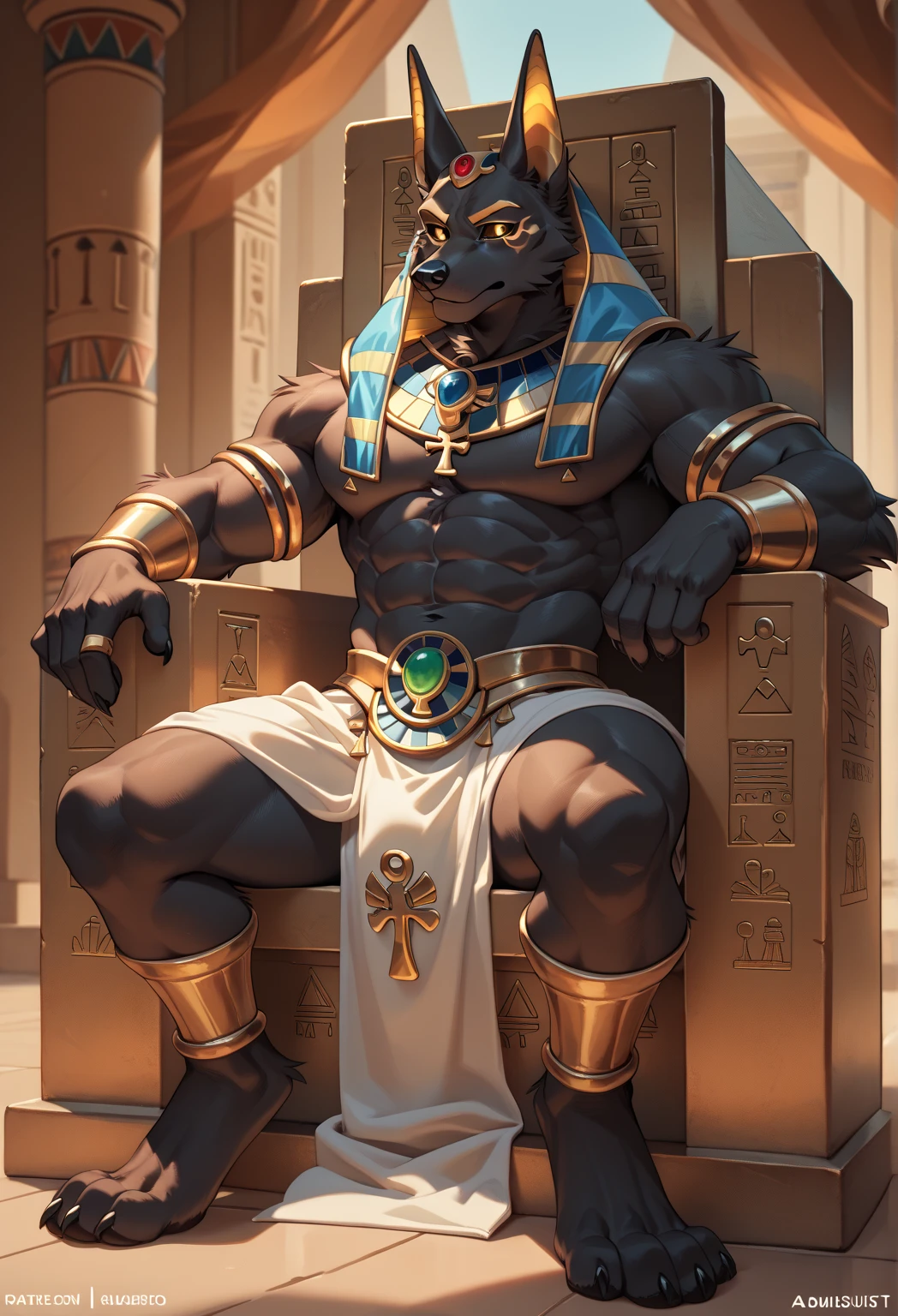 Anubis, portrait, male, stocky, thick body, furry, long spiky black fur, hairy body, manga, bara, sexy, looking at camera, in an open-air temple, lounging on a large ornate golden throne, open legs, loincloth bulge, lush oasis background, three-quarter angle, by Arashi Takemoto