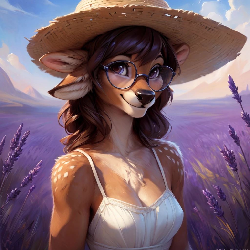 uploaded on e621, by Pixelsketcher, by Bayard Wu, by Thomas Benjamin Kennington , by Einshelm, by hioshiru and kenket, Chunie, portrait, solo anthro female deer doe, with small featureless breasts, clear dark blue, cinematic lighting, day, sunny day, lavender field, stays in a lavender field, lavender field background, mediterranean background, horizon background, shiny, short curly dark brown hair, wears big black nerd glasses, very very beautiful furry art, furry art, smiling, joyful, shiny, happy, feminine, cute face, muzzle, fluffy chest, flawless face, Fallow deer, 1girl, Sakimichan is beautiful, Masterpiece, Wavethesallow Face, shiny, Detailed image, portrait, Detailed image, portrait, full body, wears pure white spaghetti straps dress, wears big and wide beige summer straw hat, shiny, realistic face, perfect anatomy, hourglass body, (furry body:1.1), anthropomorphic deer, looks at the viewer, small fluffy tail, detailed background, (cute anatomy:1.1), stands in a lavender field