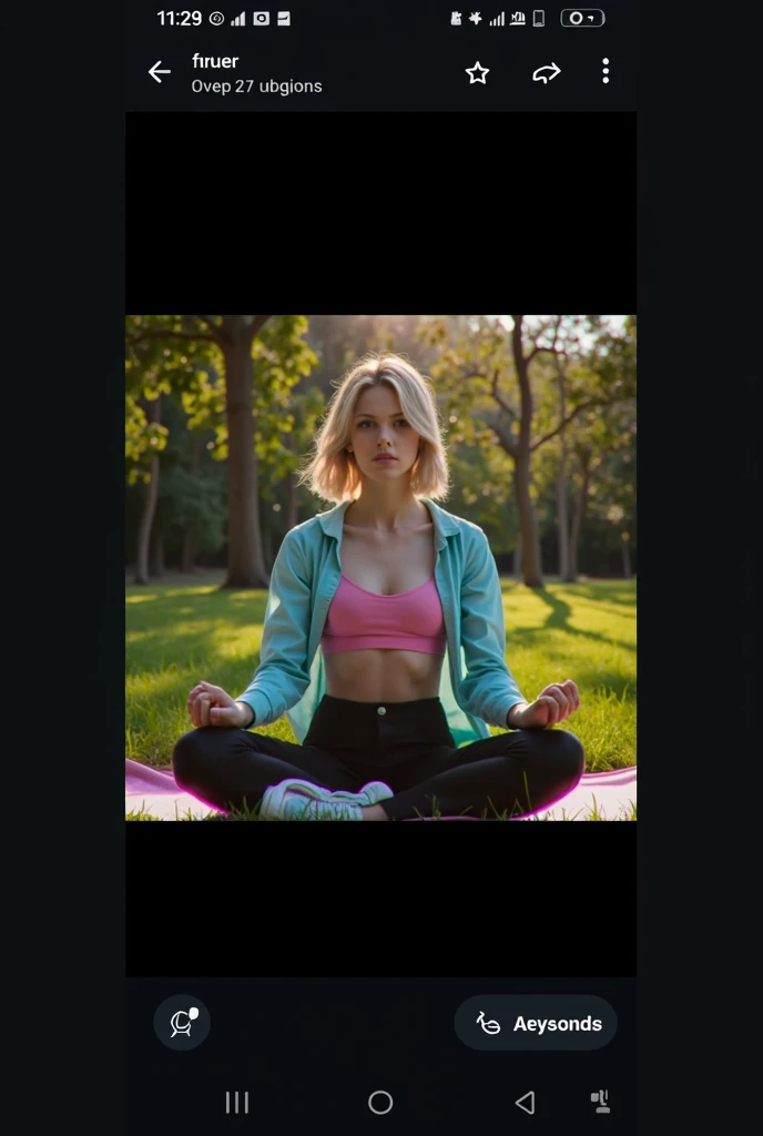 Blonde woman with blue eyes wearing nike bra, black pants, sitting in the meadow