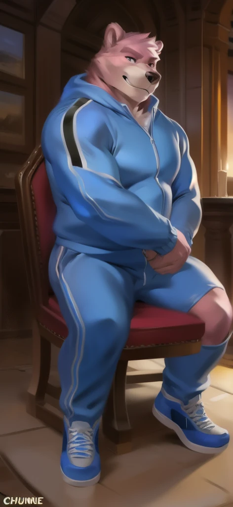 Highest quality, masterpiece, Very detailed, Muscular man with muscular thighs, A long and very high middle part, Gray Hair, ????? ????? swelling, Arms crossed,Blue tracksuit jacket. Neon blue track pants, A hesitant smile, Inside the gym, Vibrant colors, perfection, No watermark, No logo, no signature