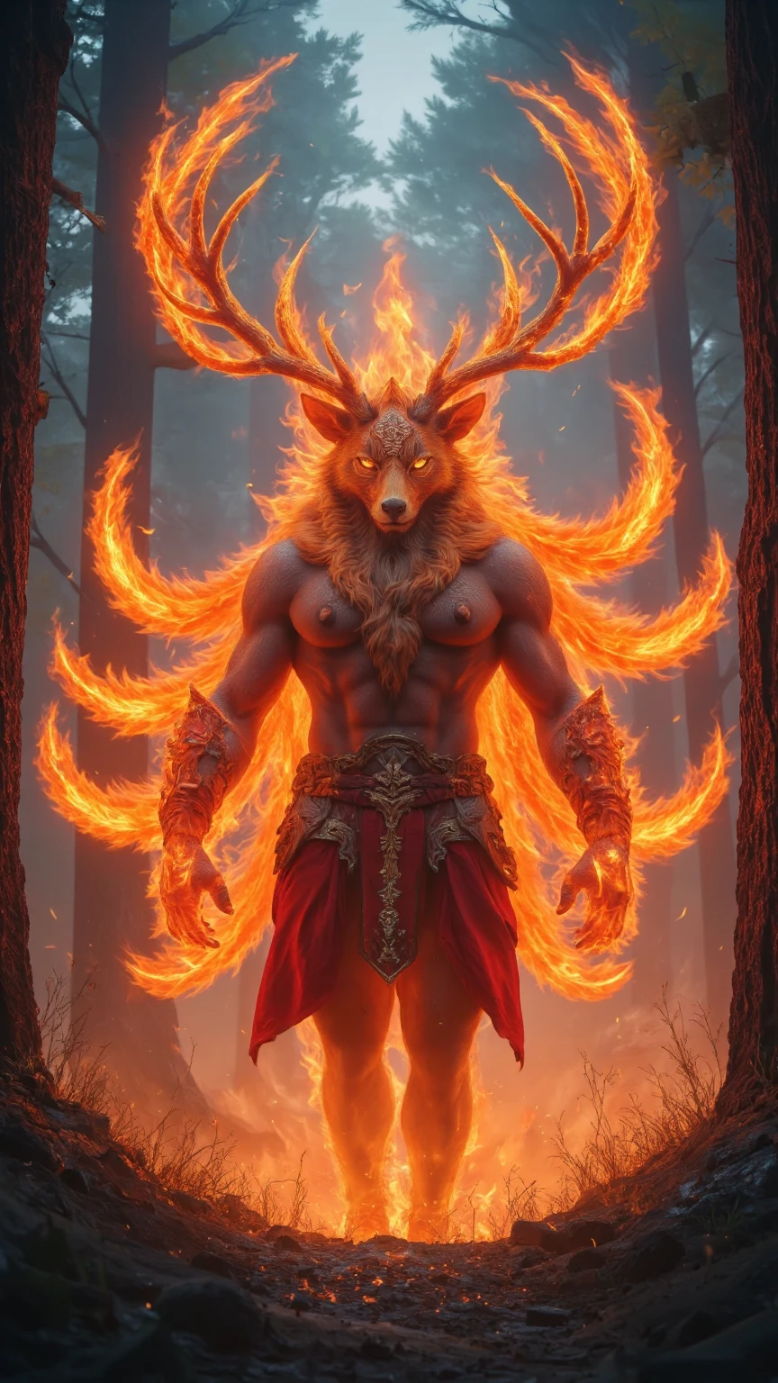A werewolf, in the middle of her chest appeared a magic ring symbol, glowing orange light, her muscles expanded and her body began to grow taller, beautiful eyes glowed, her mouth began to stretch out into a mouth with sharp fangs, her ears were long and straight, her fingernails and toenails stretched out into thick but sharp claws, black fur began to grow long, covering both shoulders and back, the fur around her waist grew out until it looked like a short front and long back skirt, she now became a beautiful and dangerous werewolf.