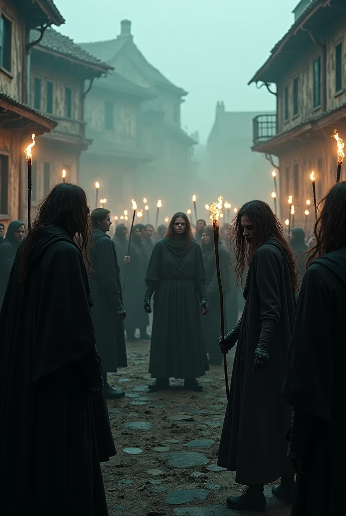 Several people dancing frantically in the middle of the street at night in the city of Strasbourg in the 1500s. People should seem possessed