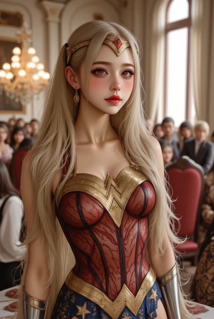 Full medium shot. An ultra hot gorgeous European woman. Age 23. Blonde hair. high quality, highly detailed, illustration, impasto, canvas, oil painting, fantasy, cleavage. early morning light.