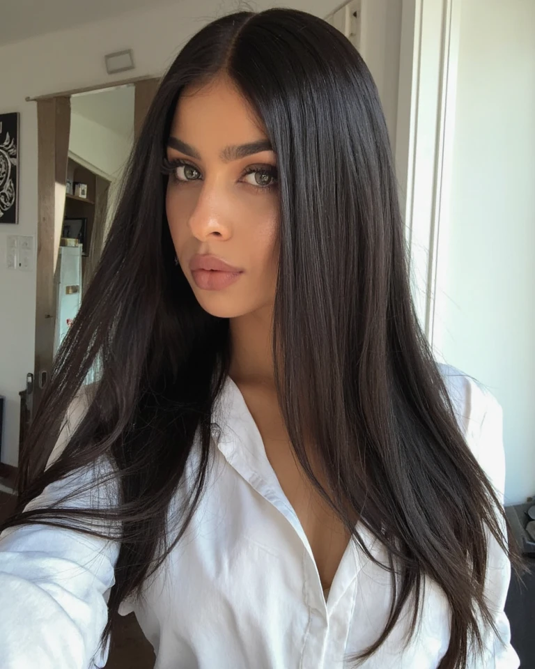 a woman with long brown hair wearing a black dress. She is captured in a close-up shot, showcasing her elegant features. The woman appears to be at an event or posing for a picture, exuding confidence and grace. Her long hair cascades down her shoulders, adding to her sophisticated look. The focus is on her face, which has a serene expression and striking features. The background is blurred, drawing all attention to the woman's beauty and style. The overall mood of the image is glamorous and captivating. NAKED IN THE OFFICE