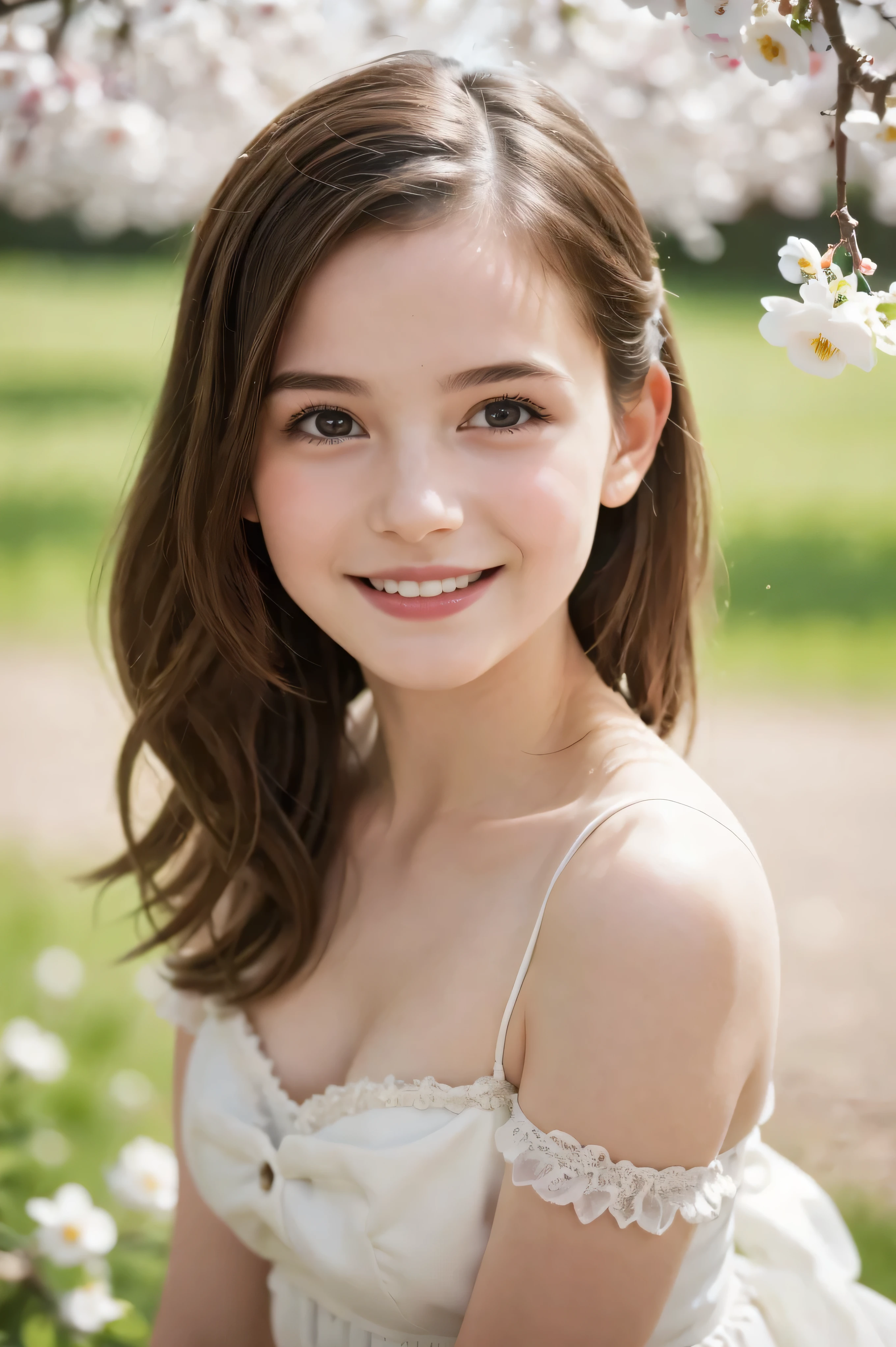 Masterpiece, Best quality, 8k, 18 ans, Photo brute, absurdes, Award-winning portrait, sourire, sourire, pure, french, elegant vibrant green dress, spring, orchard in bloom, laces, famous singer, cute, fit, healthy, lovely