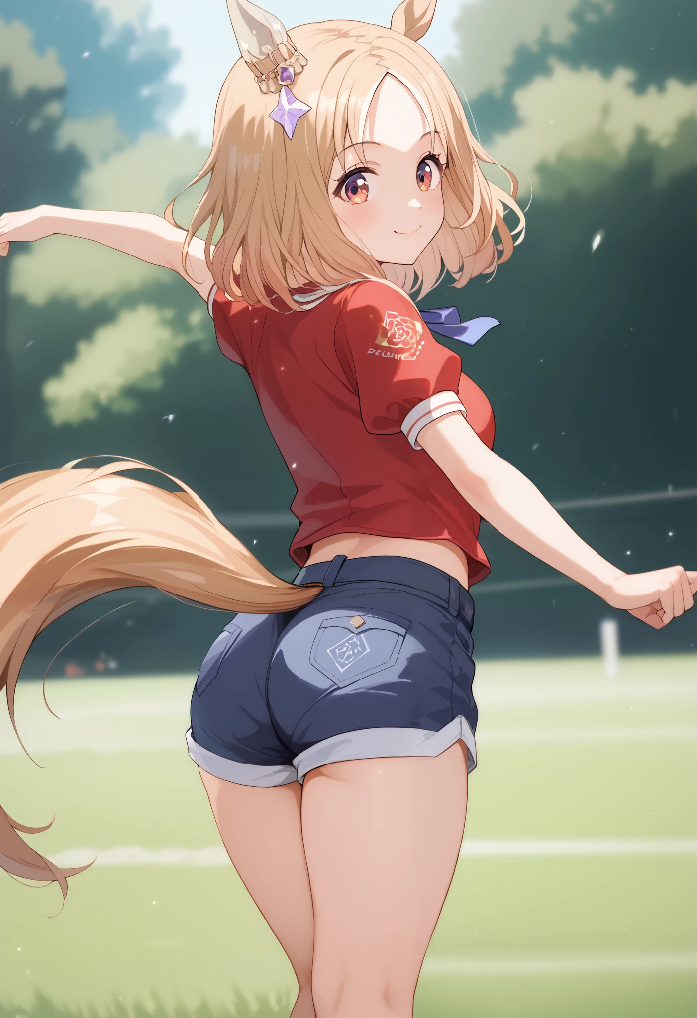 Narita, horse tail, short hair, animal ears, ear ornament, ear covers, single ear cover，1 girl, Alone, anime style，cute girl,best quality, super detailed，8k, high resolution, detailed images，precise face，high quality of wavy lines，high image quality，（（Tilt your body forward and do bending and stretching exercises）），（（Standing on the grass）），（（red short sleeve shirt）），（（black micro mini loungewear shorts）），（（facing backwards）），（（looking back and looking at this）），（kind smile），and my cheeks are dyed slightly red，morning，morning日がキラキラと降り注ぐ，（ image viewed from behind），（（smooth thighs）），（（An upshot of the character from the thigh）），（（An upshot from the thigh）），（（up image looking at the buttocks from the thigh）），（（I can see the gap between my shorts and my thighs））