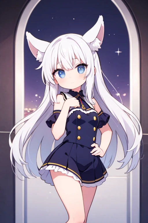 Bright eyes,Enhance background details(0.7),hairy pubic.Furry little girl,Fluffy tail,blue color eyes,Emphasis on white fur,Protruding white fur,Cute toddler,Young,The skirt has a light blue pattern,Protruding claws,Ultra-fine fur,Petite and cute emphasis,Detailed characters,A smile on his face(1.2),Enhance long-haired animals(1.2),the night,borgar(1.1)。