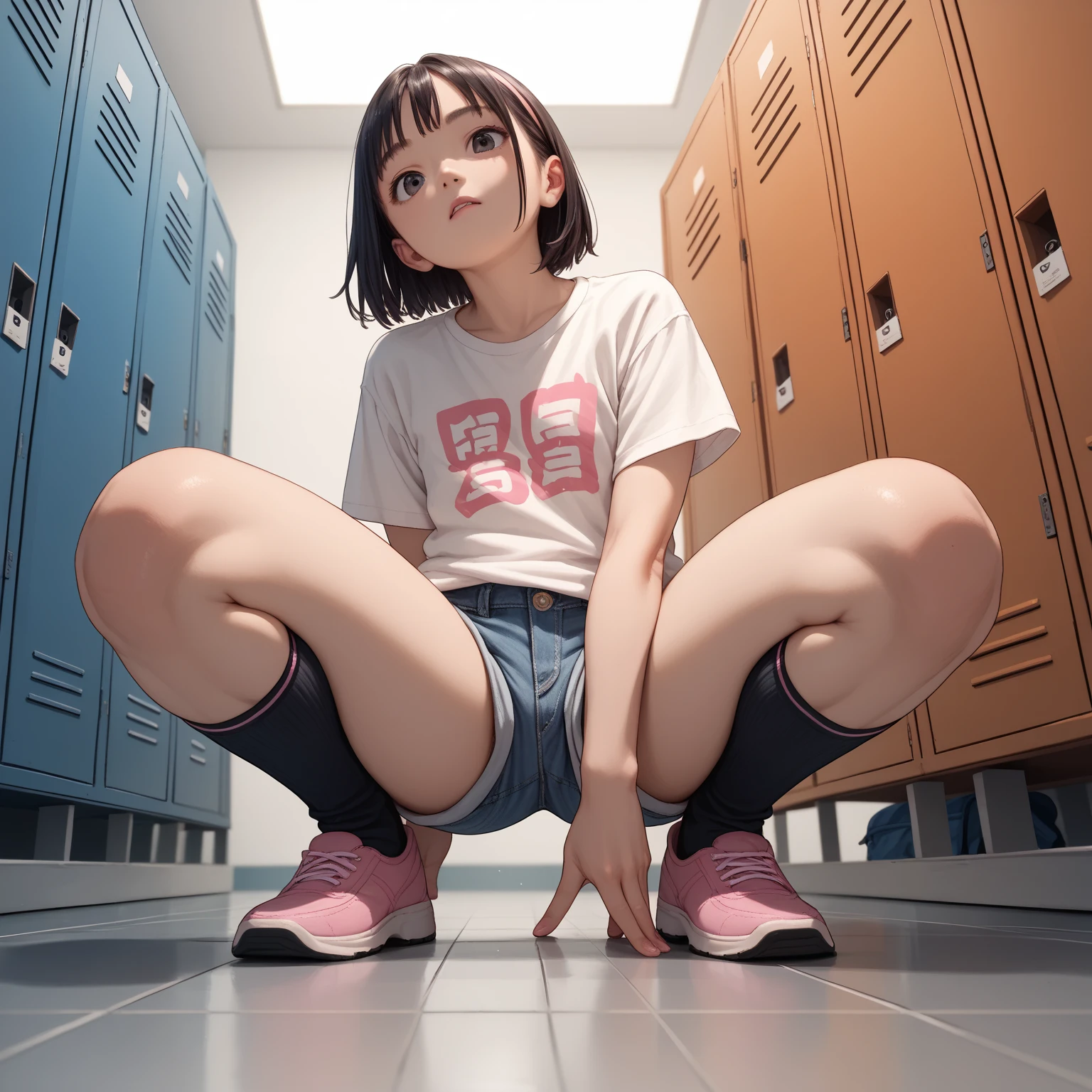 score_8, score_9, penny, brown hair, twintails, black eyes, standing, flat torso, tank top, covered nipples, shy, little_child, female_child, small_body, petite_body, full body, sitting, spread legs, pussy, from below, seductive smile, open mouth,