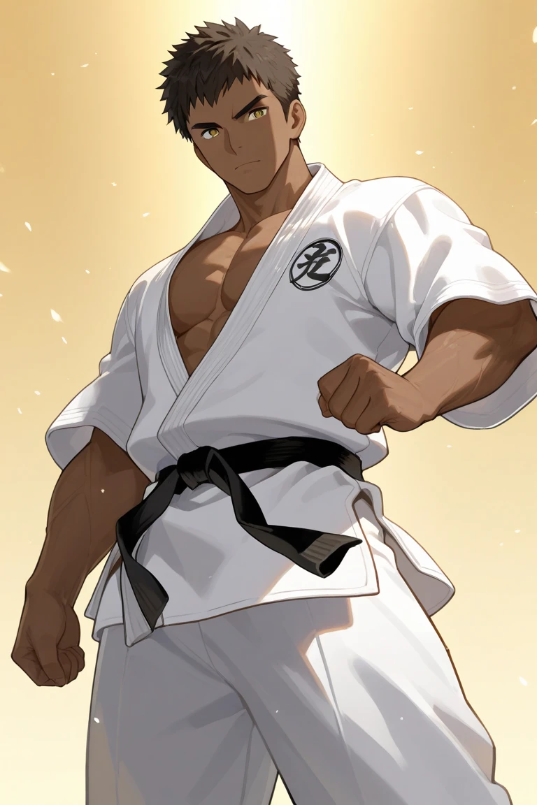 boy with brown skin and short hair dressed in white and yellow martial arts clothing