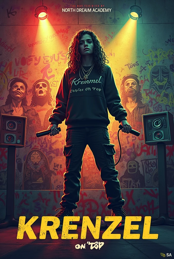 A stylized, high-contrast illustration of a female rapper mid-performance, veins glowing neon blue and purple under his skin, mouth open in an intense rap flow. Lightning crackles from his fingertips as he grips a microphone. The background is dark and moody with flashes of electric light, graffiti walls, and subtle glitch effects. The atmosphere should feel raw, energetic, and urban—channeling chaos, speed, and lyrical fire.