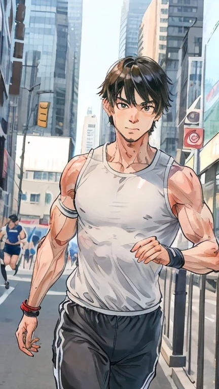 A handsome man, his face red with embarrassment, is made to run through the city in just his white briefs.