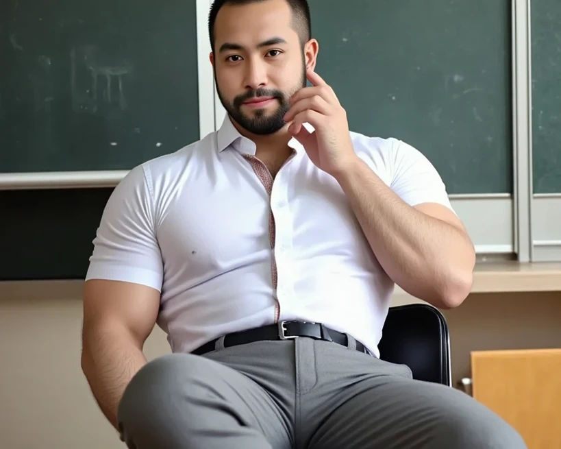 a 40 years old stocky chubby thick Japanese male teacher former rugby player with short beard and short hair in suit and tie masturbating alone on the pulpit in a classroom show penis ejaculate huge load of cum sex closed eyes open mouth