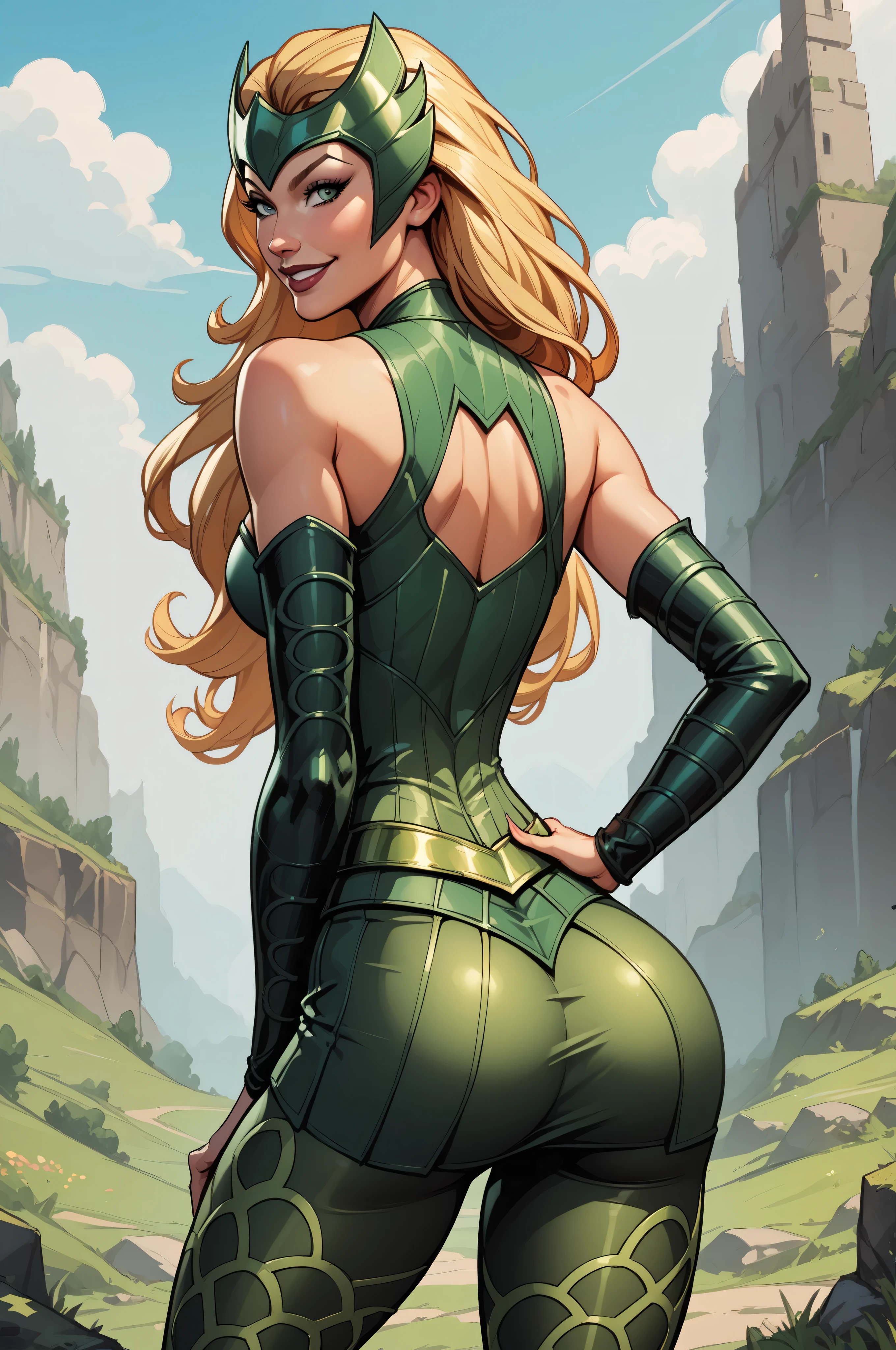 score_9, score_8_up, score_7_up, masterpiece, high quality, BREAK
 amoenchtress, long hair, headpiece, elbow gloves, bustier, bare shoulders, cleavage, belt, skirt, leggings, smile, bend forward, from behind, looking back, ass