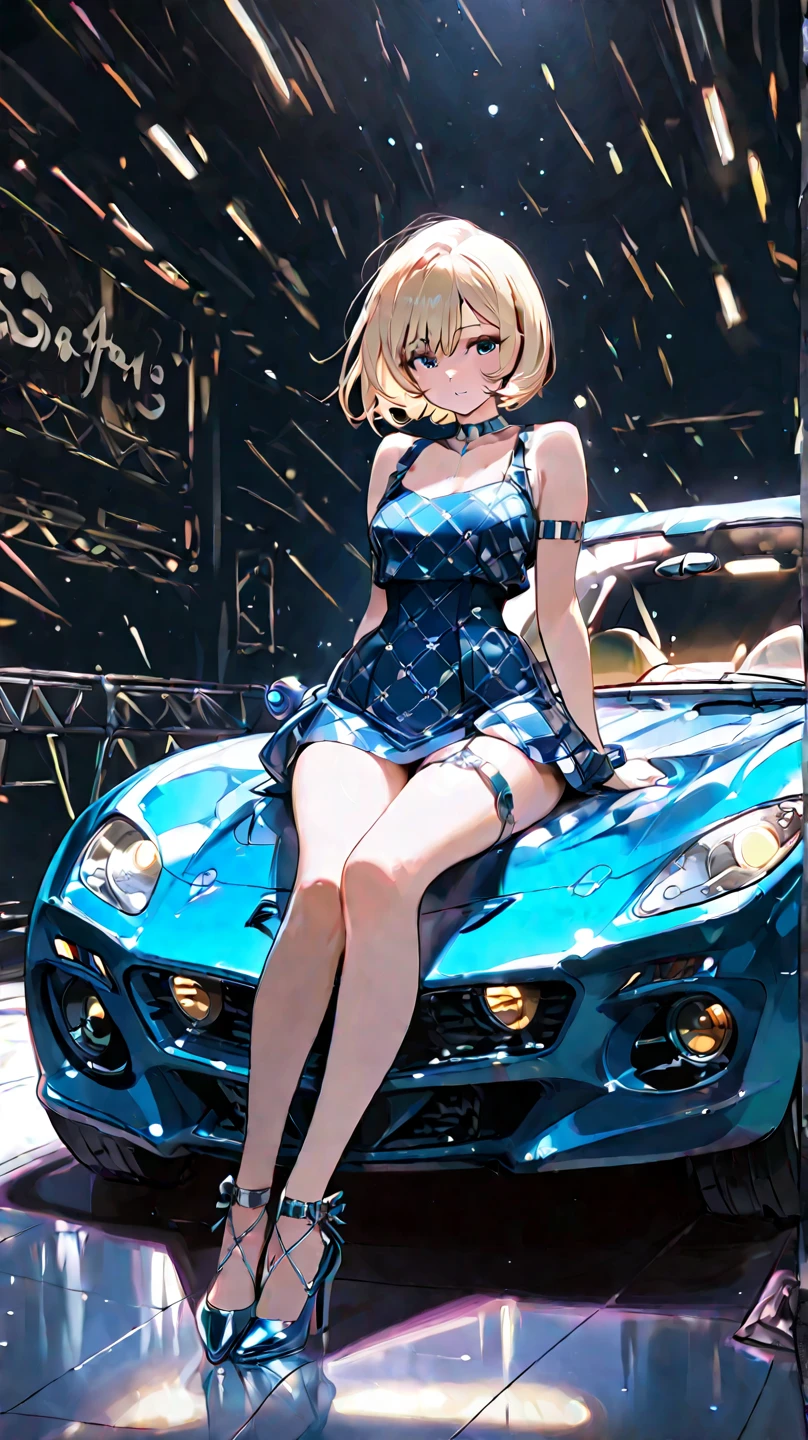 1 girl, blonde bob hair, heart shaped eyes, ♡, big breasts, lace queen, {girl with blonde bob hair named nao}, (Pink eye color), {Ferrari race car}, (smile), bright background , mole under eye, Star-shaped choker, (masterpiece, highest quality), very detailed, highest quality, official art, beautiful and aesthetic: 1.2), (1 girl), very detailed, (geometry art: 1.3), colorful, most detailed ,(garden,beautiful flower々), (masterpiece, highest quality), official art, beautiful and aesthetic: 1.2), (1 girl), very detailed, (geometry art: 1.3), colorful