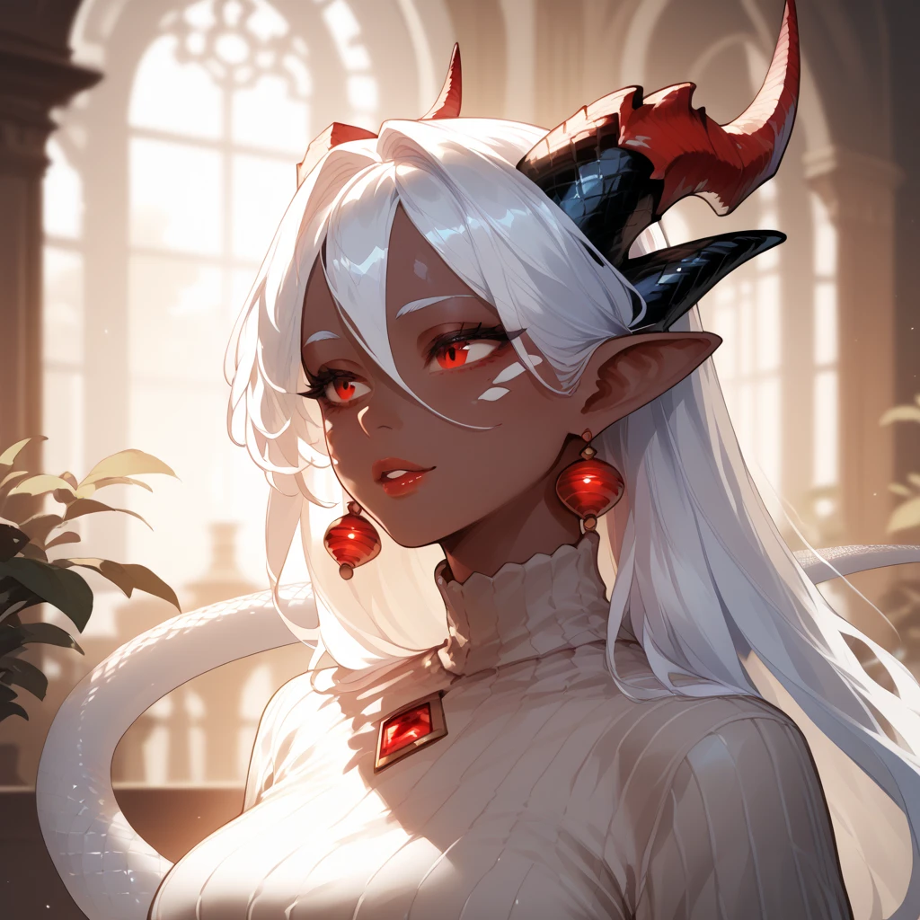 (best quality, ultra detailed), work of art, high resolution, (exquisite body), (milky skin), 4k, official art, Character design, Original art character design, The character is an adult woman with fair skin and in her 20s, perfect body and medium breasts, (((has long white hair with bangs))), (((the character has glowing red eyes))), (((the character has long and pointy ears, She has a pair of black horns))), ((((she wears an 18th century-style medieval princess dress in red, decorated with white lace and golden arabesque, with a black leather corset over the dress)))), she wears a long black wool cloak with a black fur collar covering her shoulders, she wears black satin gloves, she also wears a black choker adorned in gold and ruby, the character is standing and facing the viewer, confident pose with your left hand on your waist and your right hand close to your face, she has a seductive and confident expression, a beautiful and delicate face, anime style, RPG character image, ((blank background, empty))