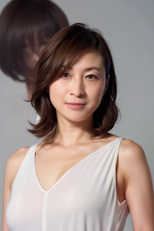 Completely naked、Completely naked‼︎、highest quality, masterpiece, 8K, realistic, High resolution, detailed face, fine eyes, japanese woman, 40 years old, cute face, toned body shape, thin waist, ((view audience)), slightly disheveled hairstyle, plain background