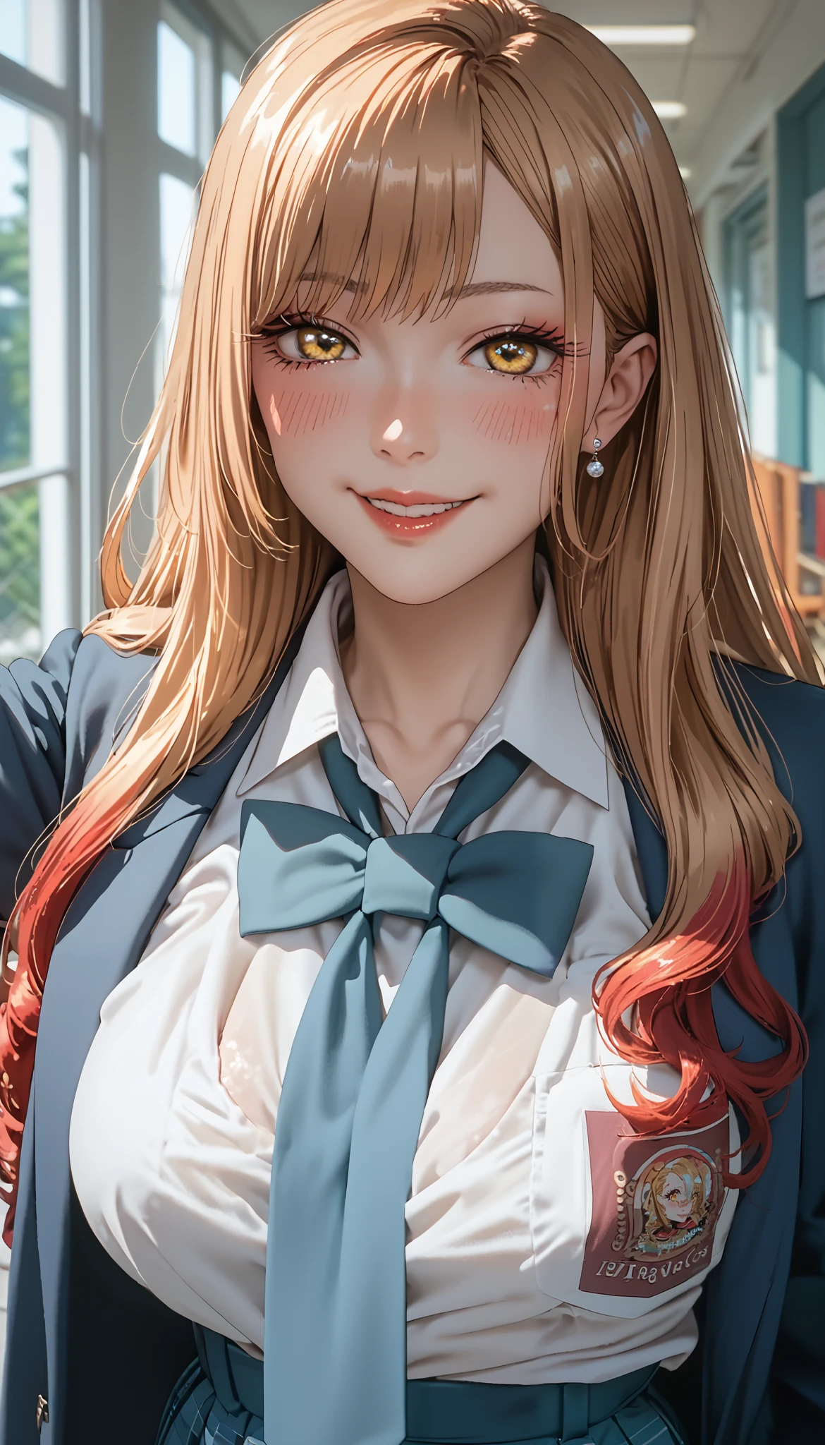 Score_9,Score_8,score_7_up,source_anime,rating_questionable,Marin Kitagawa,((sexy girl)),Indonesian high school uniform,cute,seductive,light skin,big_sagging_breasts,glamorous public indecency,blushing,red face,yellow eyes,blond hair, long hair,Bangs,White skin, cheerful