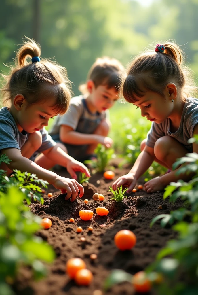 A group of small children playing with turnip-shaped plastic knives in the park，Had a lot of fun