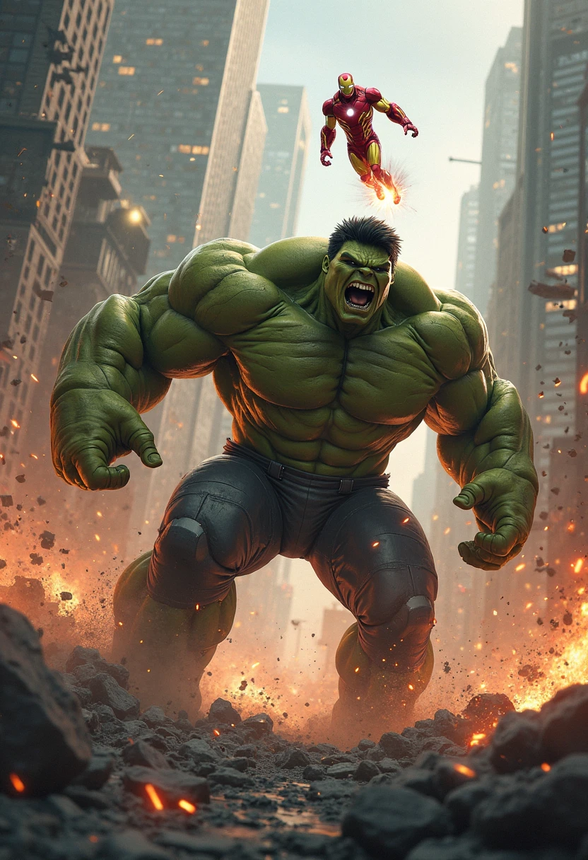 Here’s the prompt focused on Hulk:
**Prompt:**
"Hulk is shown in a dominating battle with Thanos, where Hulk's immense power is on full display as he overpowers Thanos. Hulk's massive fists are striking Thanos with unstoppable force, and Thanos is visibly struggling to defend himself. Hulk’s expression is one of sheer rage and unstoppable strength, his muscles bulging as he delivers blow after blow. In the background, the other Avengers like Iron Man, Captain America, and Thor are fighting their own villains, but the primary focus is on Hulk, who is clearly in control of the battle, unleashing his full fury on Thanos. The scene is filled with intense, vivid colors that highlight the sheer power and destructive force of the Hulk."