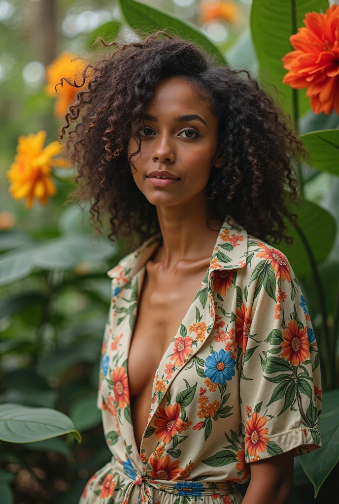 A Brazilian woman in a lush tropical garden, wearing an open shirt with a floral print, with a close-up capturing the harmonious beauty between her breasts and the natural flowers, showing off your natural charm and outgoing personality.