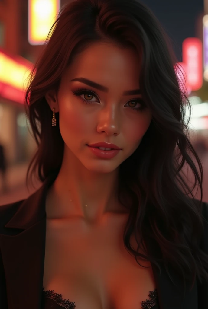 Urban lindo girl college student, obra de arte, maquiagem leve, Red lips, Cabelo prateado, long messy hair, fundo de rua, lindo, elegante. detalhes super finos, obras mestres, Authentic texture, cinematic lighting realism, trabalho perfeito, 16K, High definition, recursos requintados,olhos azuis、Japanese Idol、rosto bonito、Sorriso fofo、cabelo castanho、lindo hair、rabo de cavalo、glamoroso、 big breastserect amilies oily muscle、pele brilhante、pele bronzeada、Pele negra brilhante、Wearing bra and panties, olhos grandes e brilhantes, pele macia, brincos, colar, tatuagem