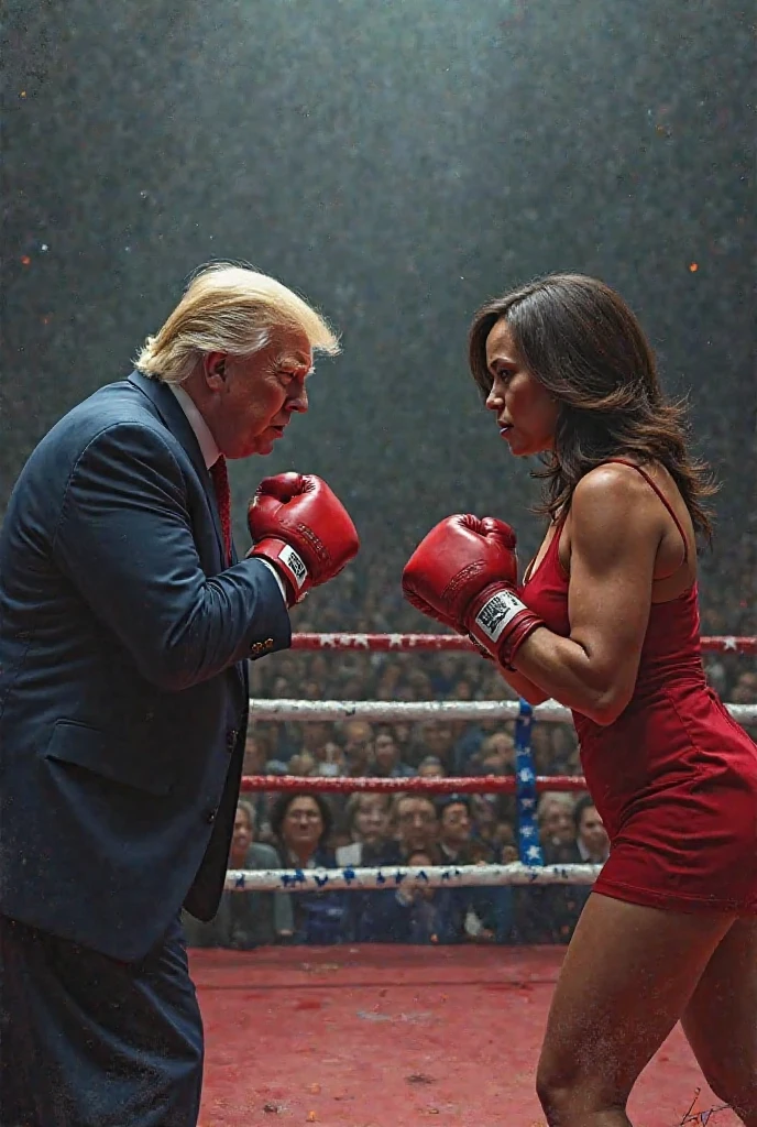 donal trump as a boxer, against kamala harris as erotic dancer