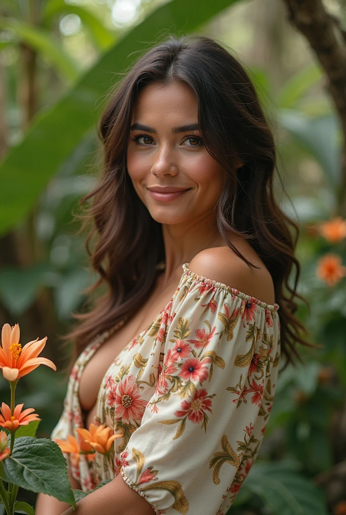 A Brazilian woman in a lush tropical garden, wearing an open shirt with a floral print, with a close-up capturing the harmonious beauty between her breasts and the natural flowers, showing off your natural charm and outgoing personality.