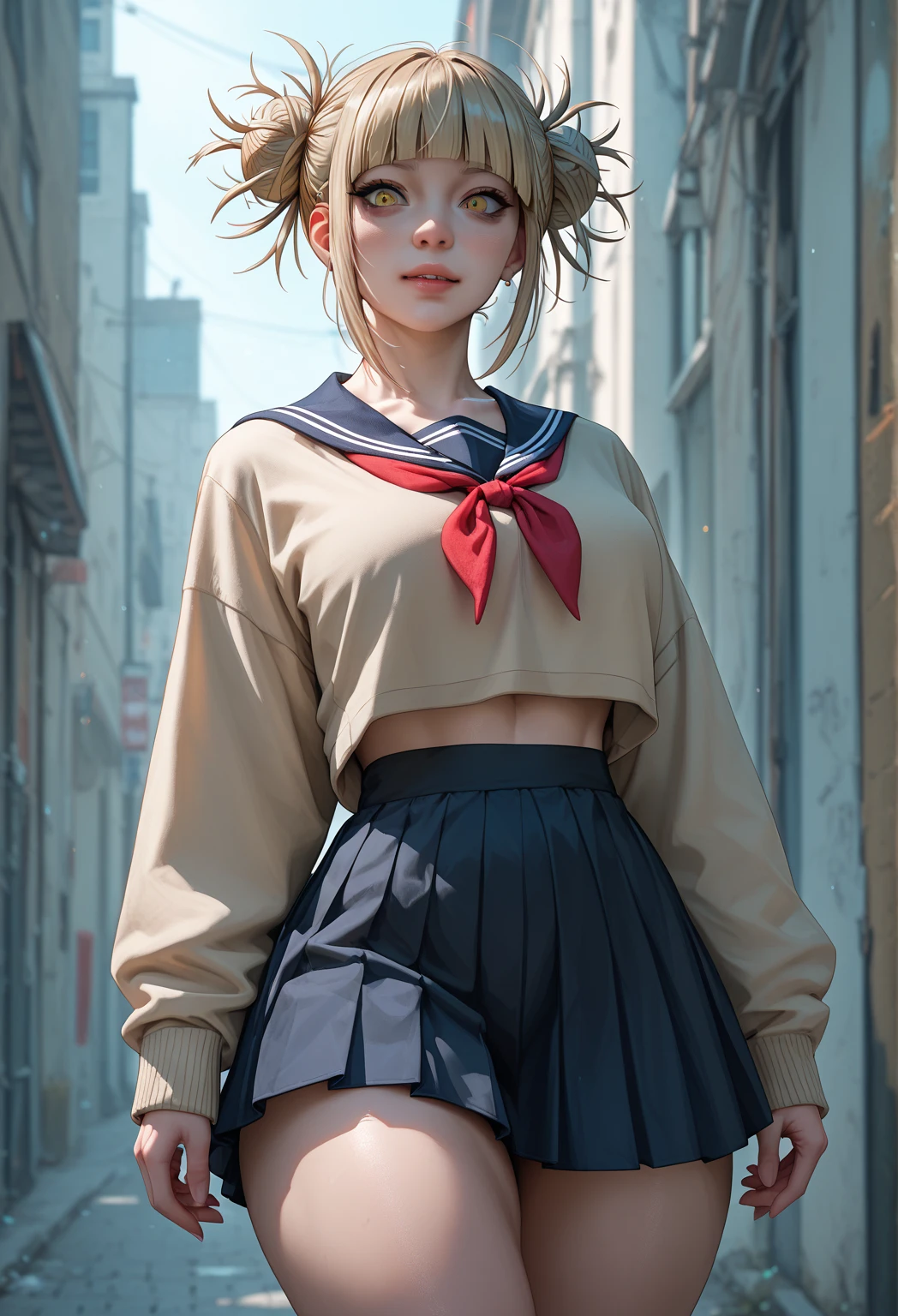 (masterpiece, best quality), 1girl,  <lora:HimikoU2:1> HimikoU1, double bun, sidelocks, school uniform, sailor collar, red neckerchief, slit pupils, sharp teeths, pleated skirt, serafuku, cardigan,  long sleeves,  blue saillor collar, yellow eyes