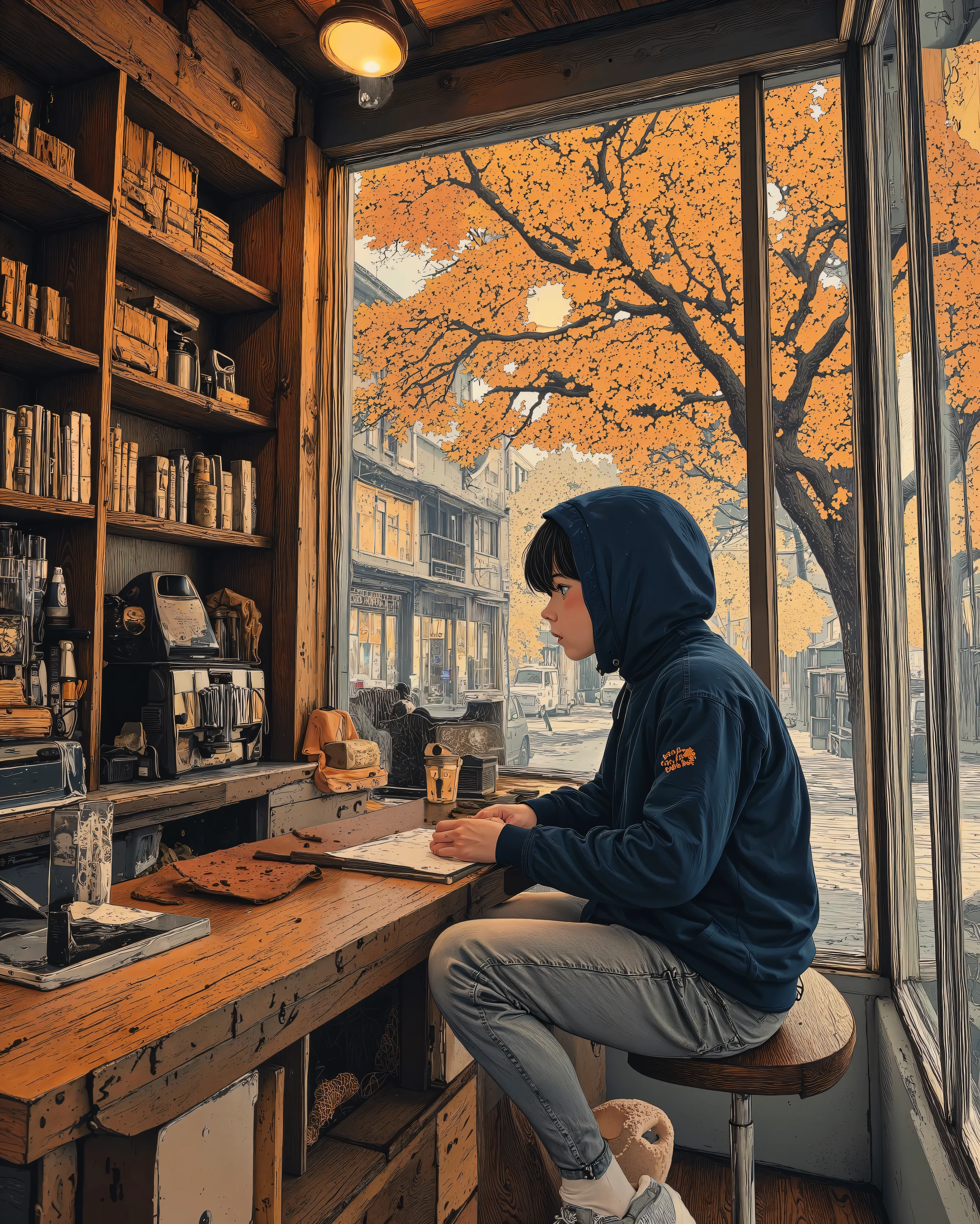 "A peaceful café with a wooden design and large glass windows reflecting the golden hues of a sunset. A young person sits on a wooden stool at the counter, gazing at their coffee, wearing a navy blue hoodie and casual gray jeans. The warm sunlight streams through the windows, casting a soft glow on the wooden textures inside. A tree with golden leaves outside sways gently in the breeze, and the street is bathed in a dreamy orange-pink hue. The cozy atmosphere blends with a sense of quiet solitude, evoking a cinematic, golden-hour aesthetic."