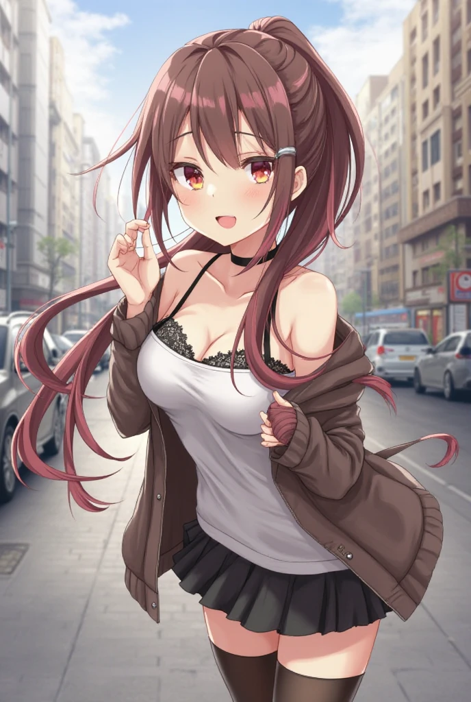 illustration,((kawaii, , heart shaped pupils, brown wavy hair)),BREAK((turtleneck sweater, side tie panties, breast out, long sleeves, big breast, underboobs)), torogao, half closed eyes, standing,((lift up clothes)), residential street, lamp post,((spoken question mark))
