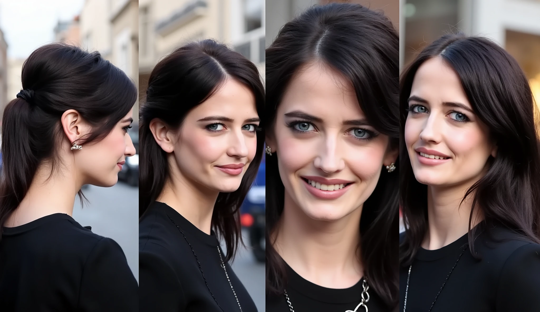 Photographic picture, super realism, divide 4 screen, different feeling face, different angle, front face, from back , side view, profile, French White beautiful woman, 30-age, dark brown hair, middle hair, blue eye, cute lip, smile, black simple stage costume, winter ,in Paris street,(textured skin , HI detailed skin, foreshortening, Canon, anatomically correct, super detail, high details, highness)