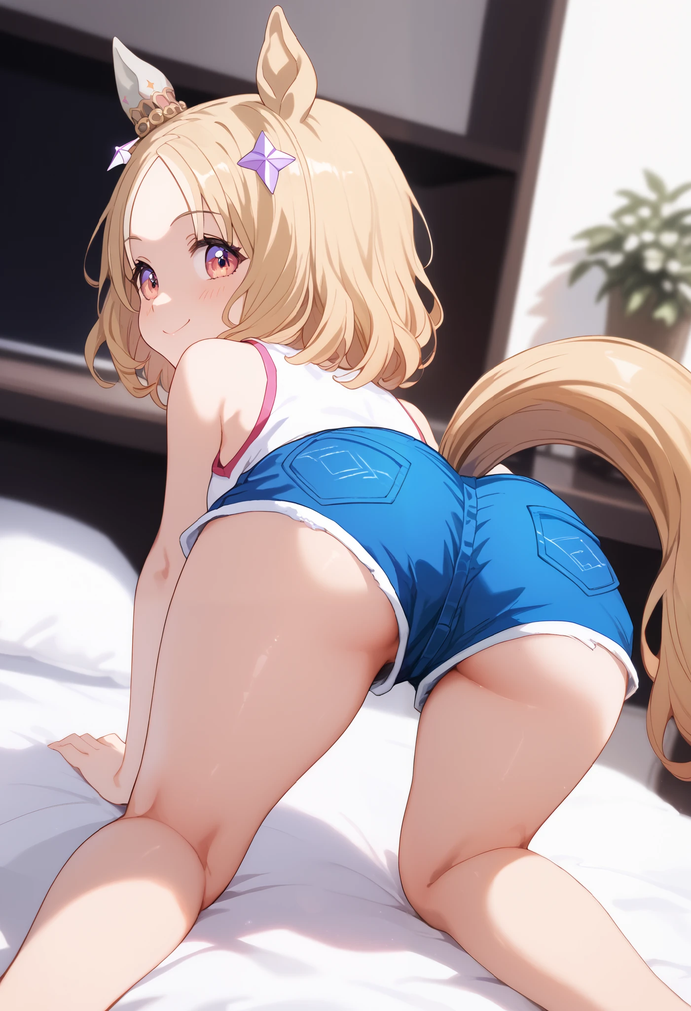 Narita, horse tail, short hair, animal ears, ear ornament, ear covers, single ear cover,1 girl, Alone, anime style,cute girl,best quality, super detailed,8k, high resolution, detailed images,precise face,high quality of wavy lines,high image quality,((blonde hair)),((room)),((standing on all fours on a white bed)),(( white sleeveless shirt)),((pink micro mini short length loungewear shorts)),((facing backwards)),((looking back and looking at this)),(gently on your chest),and my cheeks are dyed slightly red, orbital space,( image viewed from behind),((smooth thighs)),((An upshot of the character from the thigh)),((An upshot from the thigh)),((up image looking at the buttocks from the thigh)),((I can see the gap between my shorts and my thighs)),((Up image from butt))