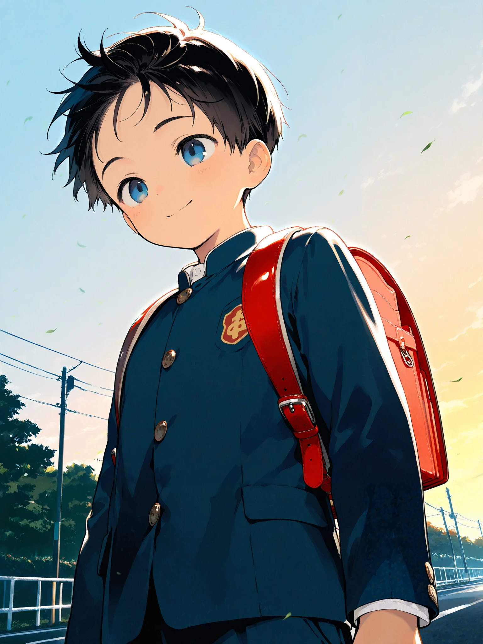Anime boy in uniform with backpack walking down a street - SeaArt AI