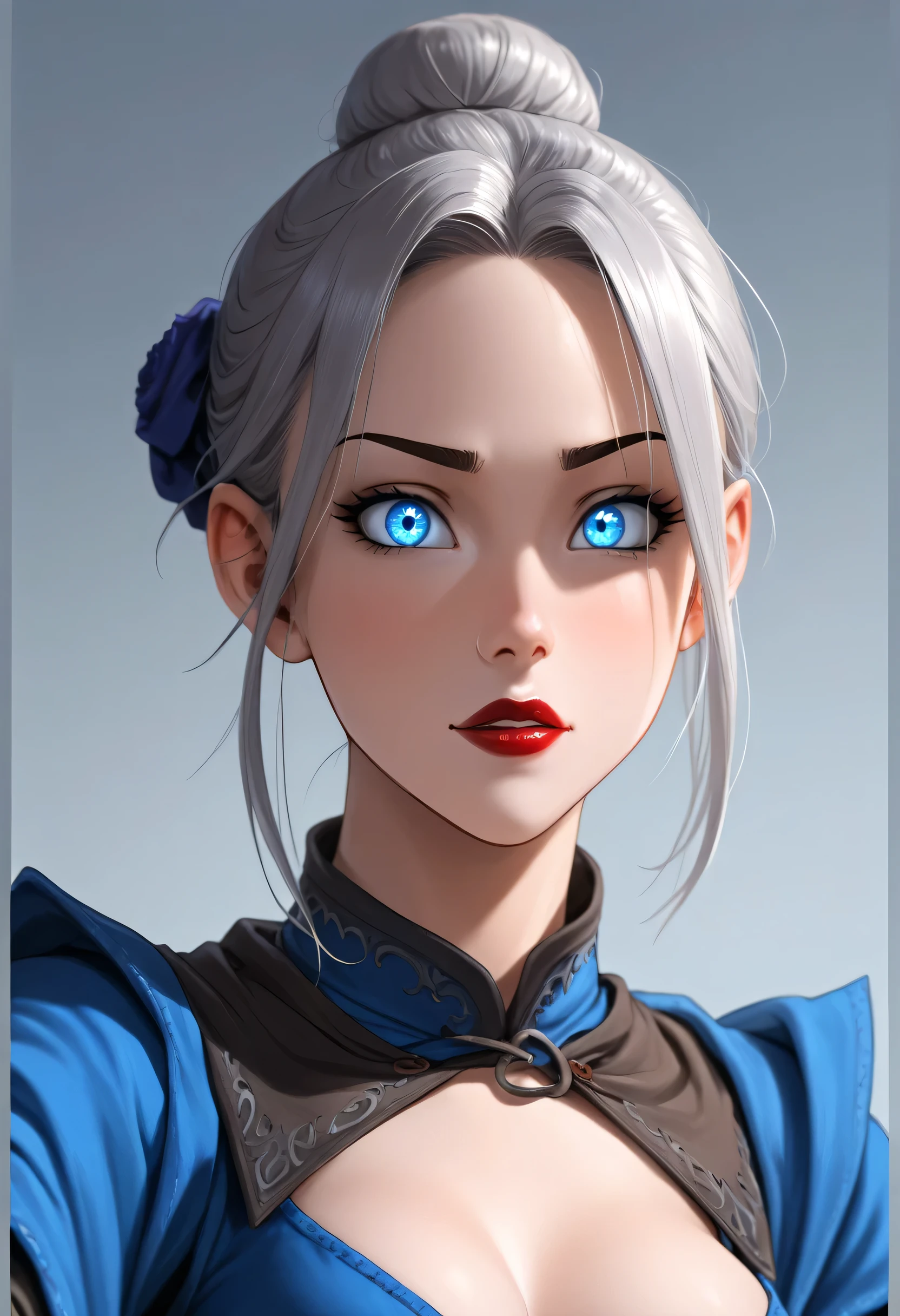 simple background, perfect face, (hair bun, bright silve hair), (forehead), black thin eyebrows, (big glowing blue eyes), thick red lipstick, beautiful woman, fantasy medieval clothes, medium breasts, (pov), (looking at viewer)