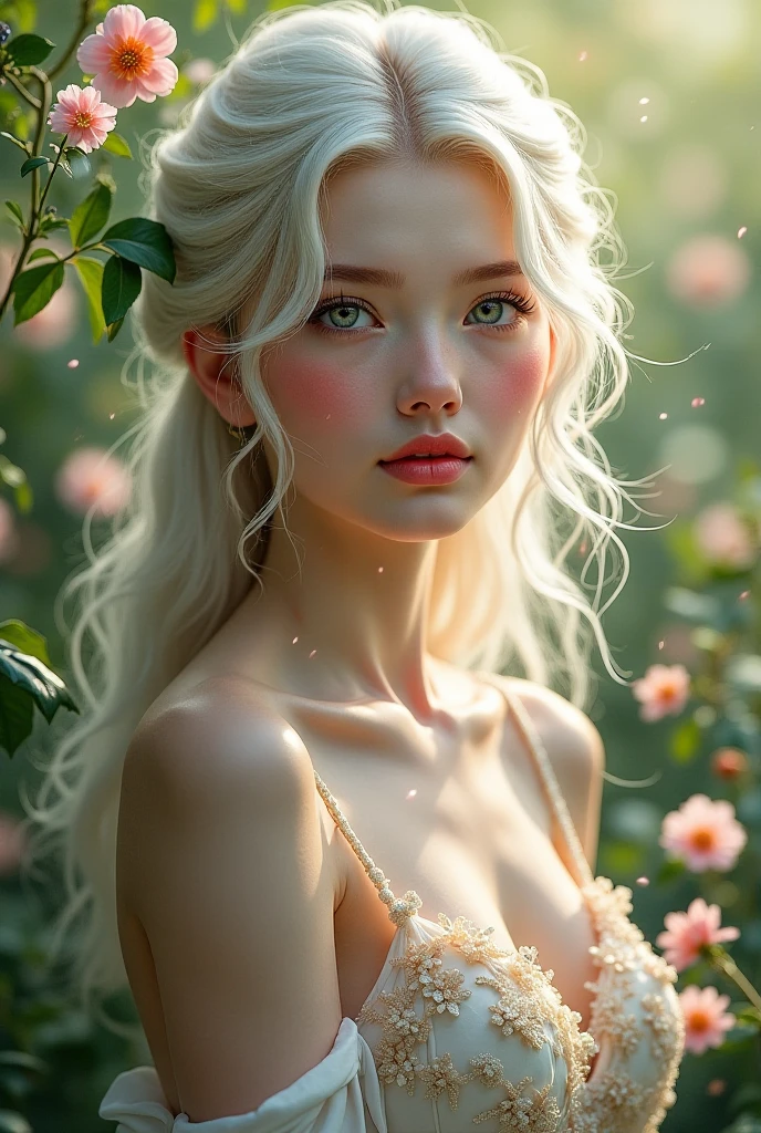 White hair, cute, blue eyes, flowers all around her, sunlight filtering through the trees