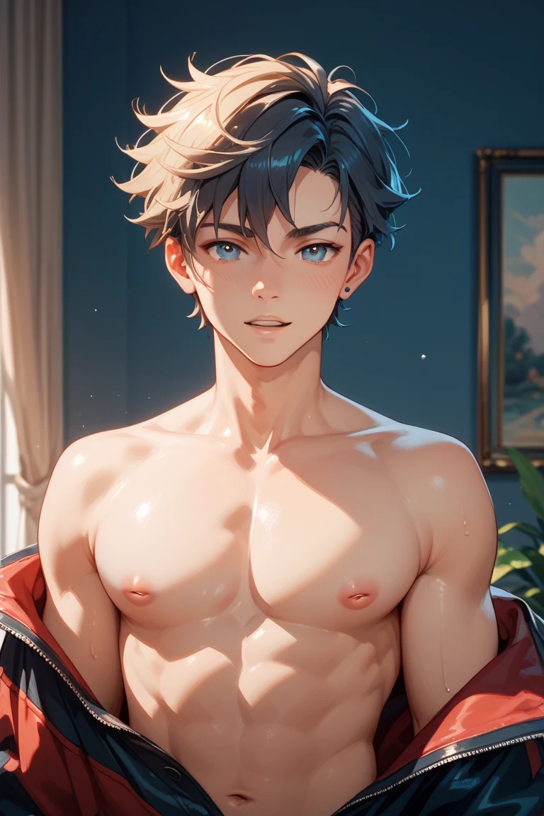 A small child,(younge boy,???'s face,elementary student,Square chin,Juvenile faces,a baby face,kiddy big breasts,infancy),nakeness,Round eyes,Raise your head,Chest,(Thick chest hair),(Thick abdominal hair),No beard,(Thick tail),rainbowing,Short round face,Flat chin,Fine face in detail,Teal briefs,Muscular and strong,Short light yellow-green hair,(Gradient hair color),nakeness,Teal briefs,Pectoralis abdominal muscles,Bare pectoralis abs,the night,vivd colour,(depth of fields:1.2),spread their legs,legs separated,Keep your legs straight,Close-up Shot Shot,rainbowing