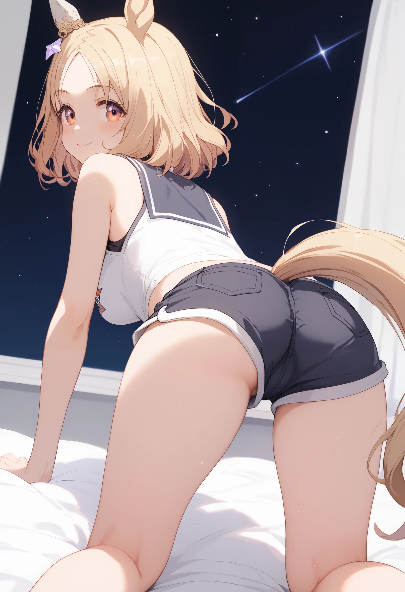 Narita, horse tail, short hair, animal ears, ear ornament, ear covers, single ear cover,1 girl, Alone, anime style,cute girl,best quality, super detailed,8k, high resolution, detailed images,precise face,high quality of wavy lines,high image quality,((blonde hair)),((room)),((standing on all fours on a white bed)),((Black sleeveless shirt)),((pink micro mini short length loungewear shorts)),((facing backwards)),((looking back and looking at this)),(gently on your chest),and my cheeks are dyed slightly red, orbital space,( image viewed from behind),((smooth thighs)),((An upshot of the character from the thigh)),((An upshot from the thigh)),((up image looking at the buttocks from the thigh)),((I can see the gap between my shorts and my thighs)),((Up image from butt))