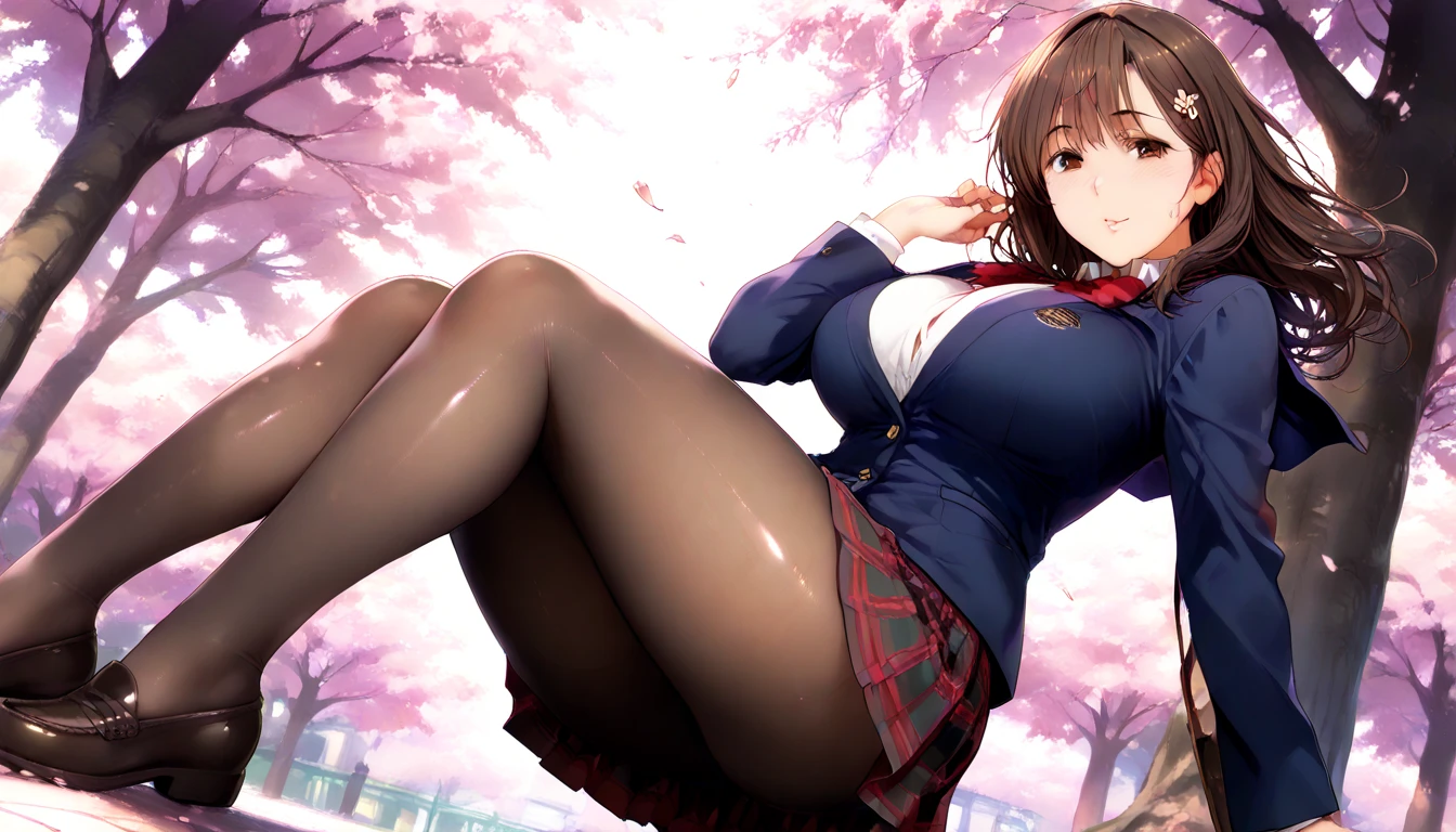 (Masterpiece, top quality, high resolution, realistic photo, realistic looking skin:1.1),
(Woman walking in park lined with cherry blossom trees:1.2),
(Skirt billowing in the wind: 1.8),
(Fully exposed panties: 1.8),
(blushing and embarrassed expression as her skirt flips up:1.5), 
(She is wearing a black long-sleeved V-neck knit: 1.8),
(She is wearing a gray flared mini-skirt:1.8),
(She is wearing black middle boots: 1.8),
(She does not wear knee-high stockings because they are too hot: 1.8),
(I do not wear knee-high socks because it is too hot. 1.8),
(Panties are loudly colored and patterned: 1.5),
(Brown hair in a middle ponytail:1.5),
(Small face:1.5),
(D-cup breasts so you can see her cleavage: 1.5),
(Location: a park lined with cherry blossom trees where the wind blows: 1.5),
1 Japanese girl, solo, full bodied esbian, beautiful eyes, glowing eyes, glowing thighs, NSFW