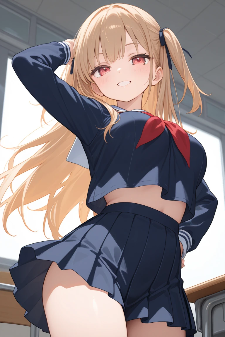 One cute girl Evening Classroom In uniform Fair skin Light brown hair Medium long hair Skirt type uniform The underwear is white A girl is taking off her underwear Surprised and embarrassed super high quality