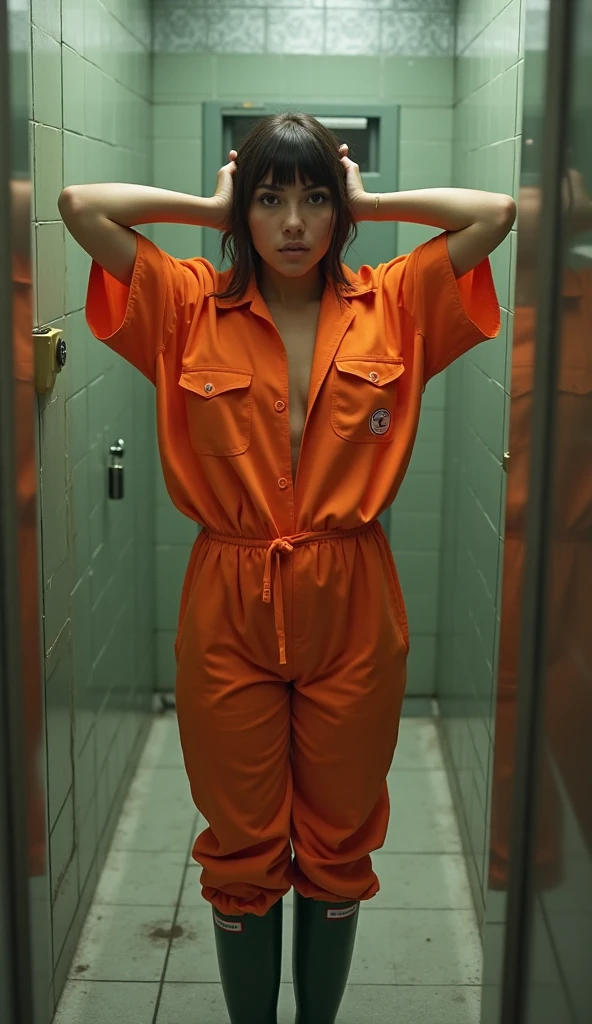 1 female prisoner, 30 years old, Square face, Long hair, Viewer's view, jewelry, Realistic, Sexy, orange prison outfit, criminal outfit, background in prison cell, detained Handcuffed, posing freely