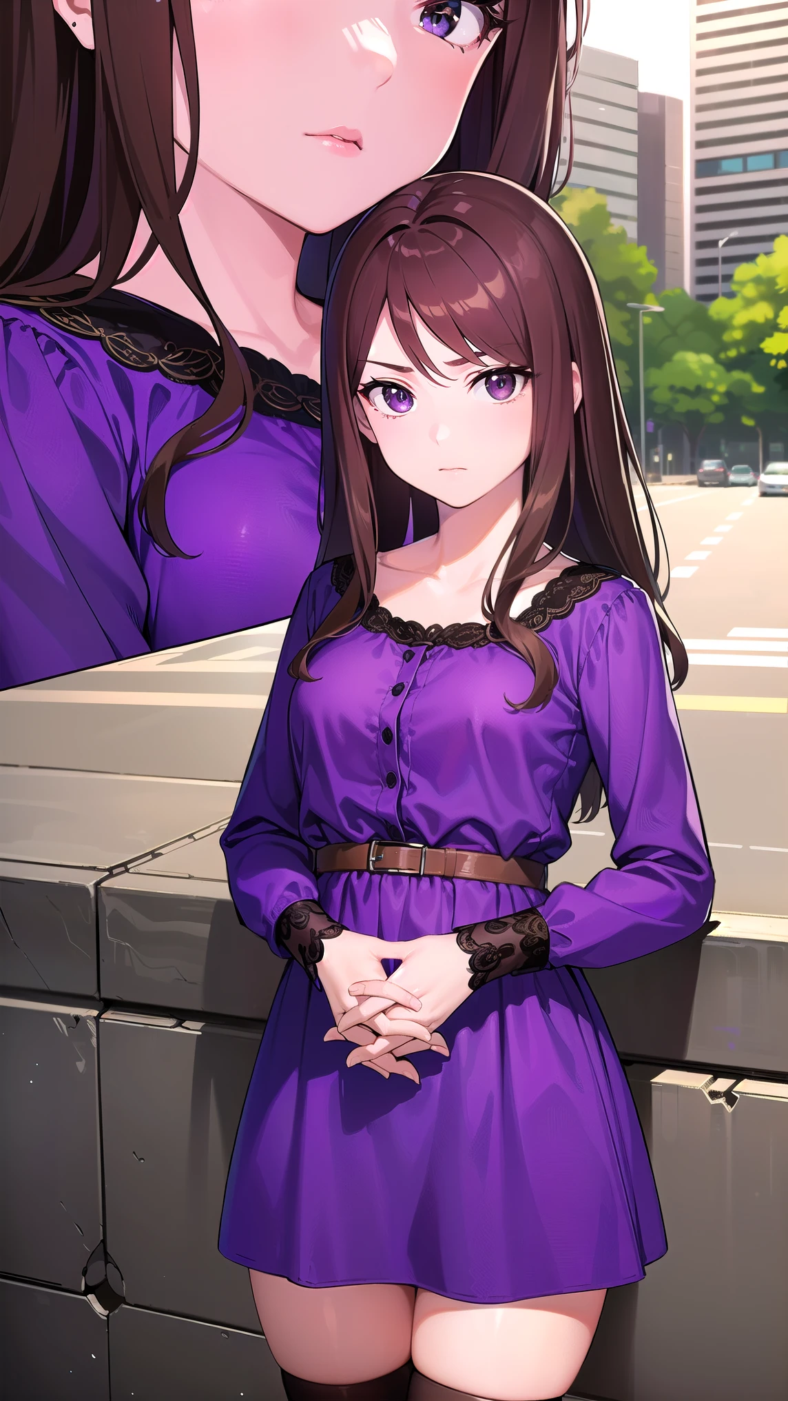muginoshizuri, mugino shizuri, (brown eyes:1.7), brown hair, long hair, (kakiage bang:1.5), (medium breasts:1.2), anger,
break black thigh high socks, dress, thigh high socks, absolute region with to, (purple dress:1.5), long dress, long sleeve, Chest,
break looking at viewer, upper body, full body,
break outdoors, city,
break (masterpiece:1.2), best quality, high resolution, Unity 8k Wallpaper, (illustration:0.8), (Beautiful Detailed Eyes:1.6), petite girl with very detailed face, perfect lighting, very detailed CG, (perfect hands, perfect anatomy from a shellfish),