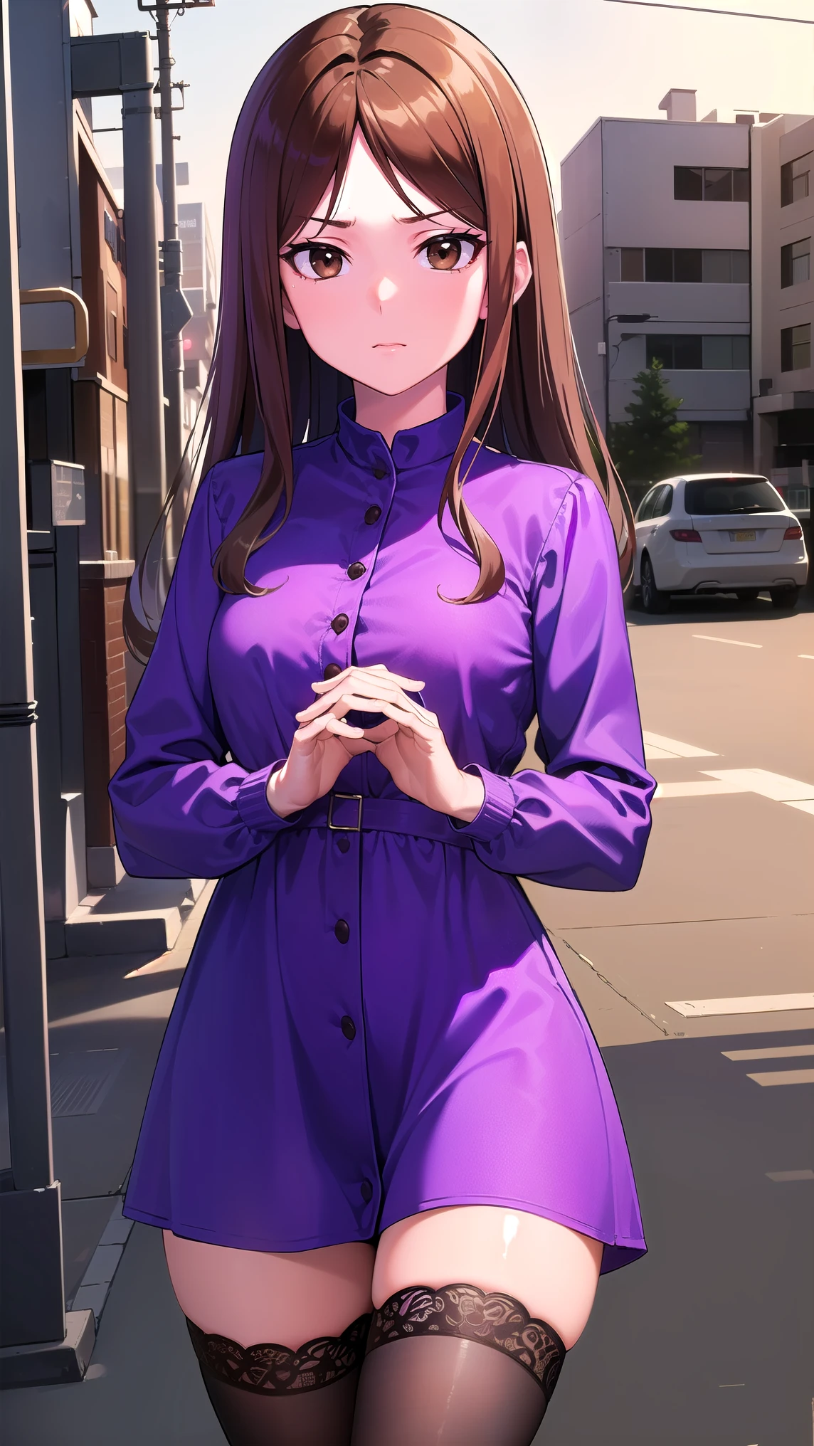 muginoshizuri, mugino shizuri, (brown eyes:1.7), brown hair, long hair, (kakiage bang:1.5), (medium breasts:1.2), anger,
break black thigh high socks, dress, thigh high socks, absolute region with to, (purple dress:1.5), long dress, long sleeve, Chest,
break looking at viewer, upper body, full body,
break outdoors, city,
break (masterpiece:1.2), best quality, high resolution, Unity 8k Wallpaper, (illustration:0.8), (Beautiful Detailed Eyes:1.6), petite girl with very detailed face, perfect lighting, very detailed CG, (perfect hands, perfect anatomy from a shellfish),