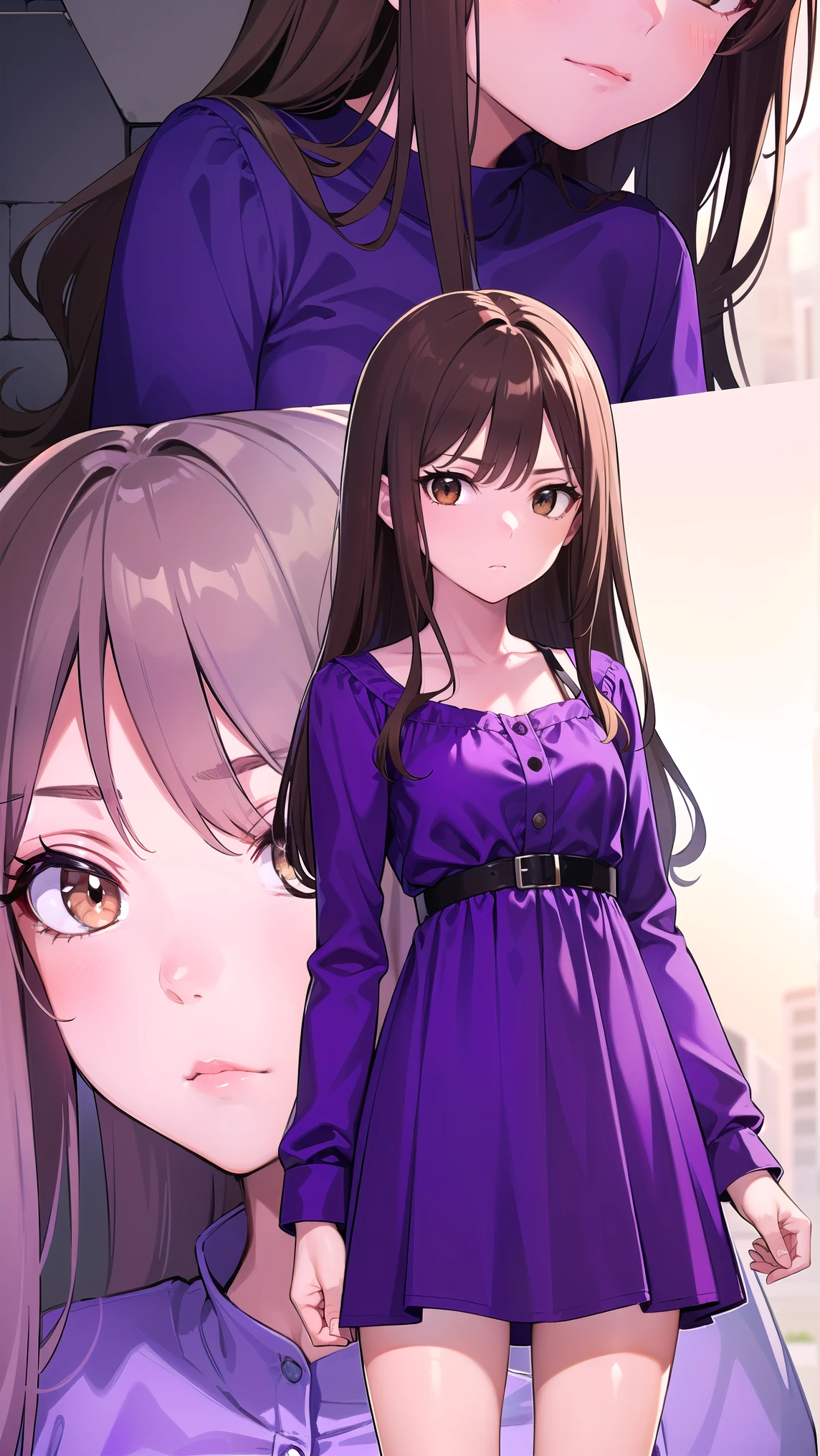 muginoshizuri, mugino shizuri, (brown eyes:1.7), brown hair, long hair, (kakiage bang:1.5), (medium breasts:1.2), anger,
break black thigh high socks, dress, thigh high socks, absolute region with to, (purple dress:1.5), long dress, long sleeve, Chest,
break looking at viewer, upper body, full body,
break outdoors, city,
break (masterpiece:1.2), best quality, high resolution, Unity 8k Wallpaper, (illustration:0.8), (Beautiful Detailed Eyes:1.6), petite girl with very detailed face, perfect lighting, very detailed CG, (perfect hands, perfect anatomy from a shellfish),