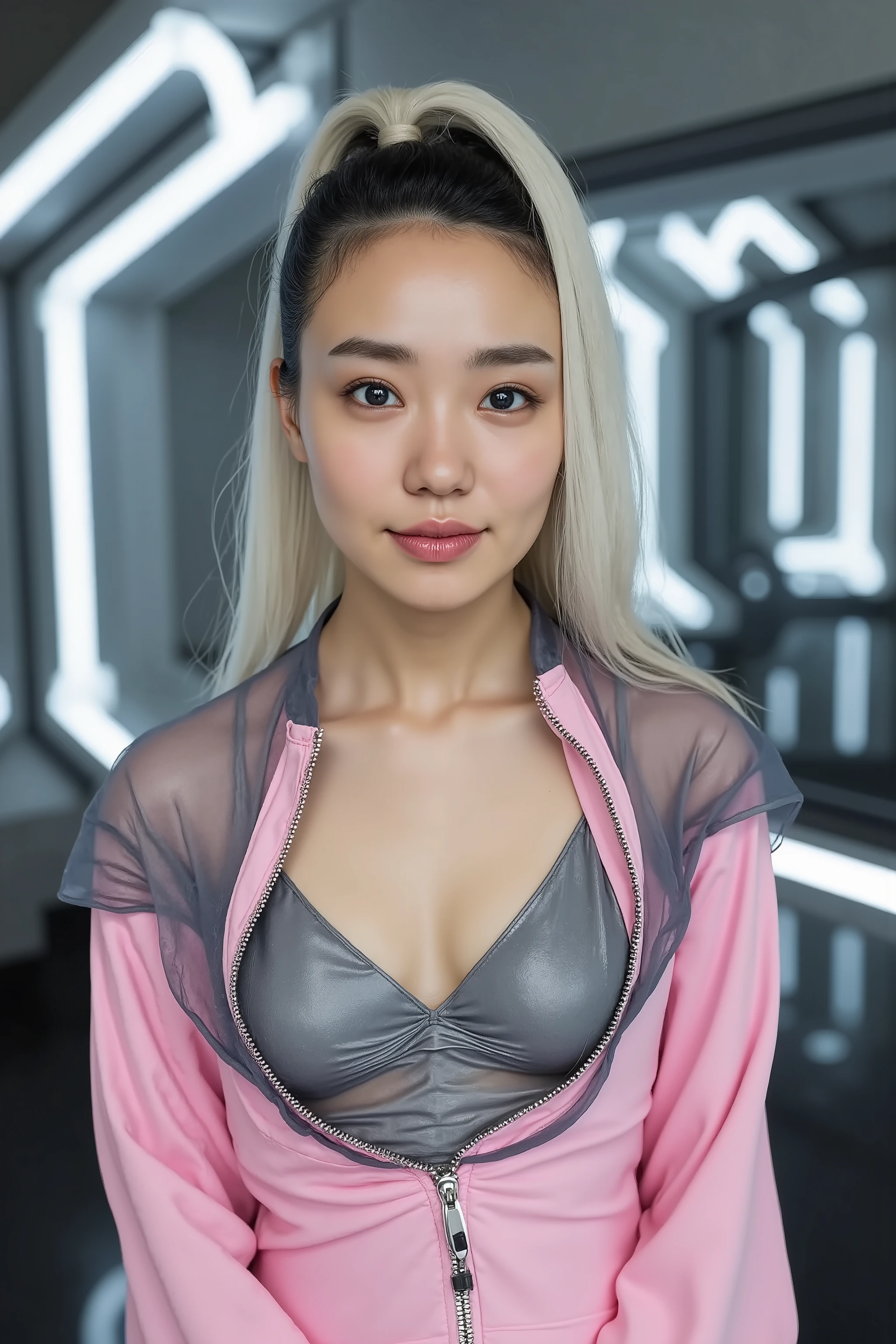A naked girl is inside a spaceship , masterpiece, cinematic lighting, Ultra high definition oil depiction, accurate, Super Detail, High detail, high quality of wavy lines, Award-winning , best quality, 16k, detailed face, Realistic textured skin with vacuum cups, Strange, Cutting edge, long white hair , High Ponytail from the Front, beautiful pale blue eyes, ( and she's wearing a futuristic pink and dark gray latex sex suit that fits her skin perfectly ), ( the zipper on the bodysuit is fully open from chest to crotch ), ((( Exposing breasts and groin .))), in a futuristic cyberpunk spaceship ., Journey to the Galaxy , ( Pear Shape:1.3)., (Small pelvis before growth:1.3). Losing weight from training ., beautiful thighs, thin thighs, Her huge breasts are sticking out , erect nipples, slender body, abs, Curvy Body, naked ass, Open your legs a little、Butt sticking forward instead of back , random model poses,random expression