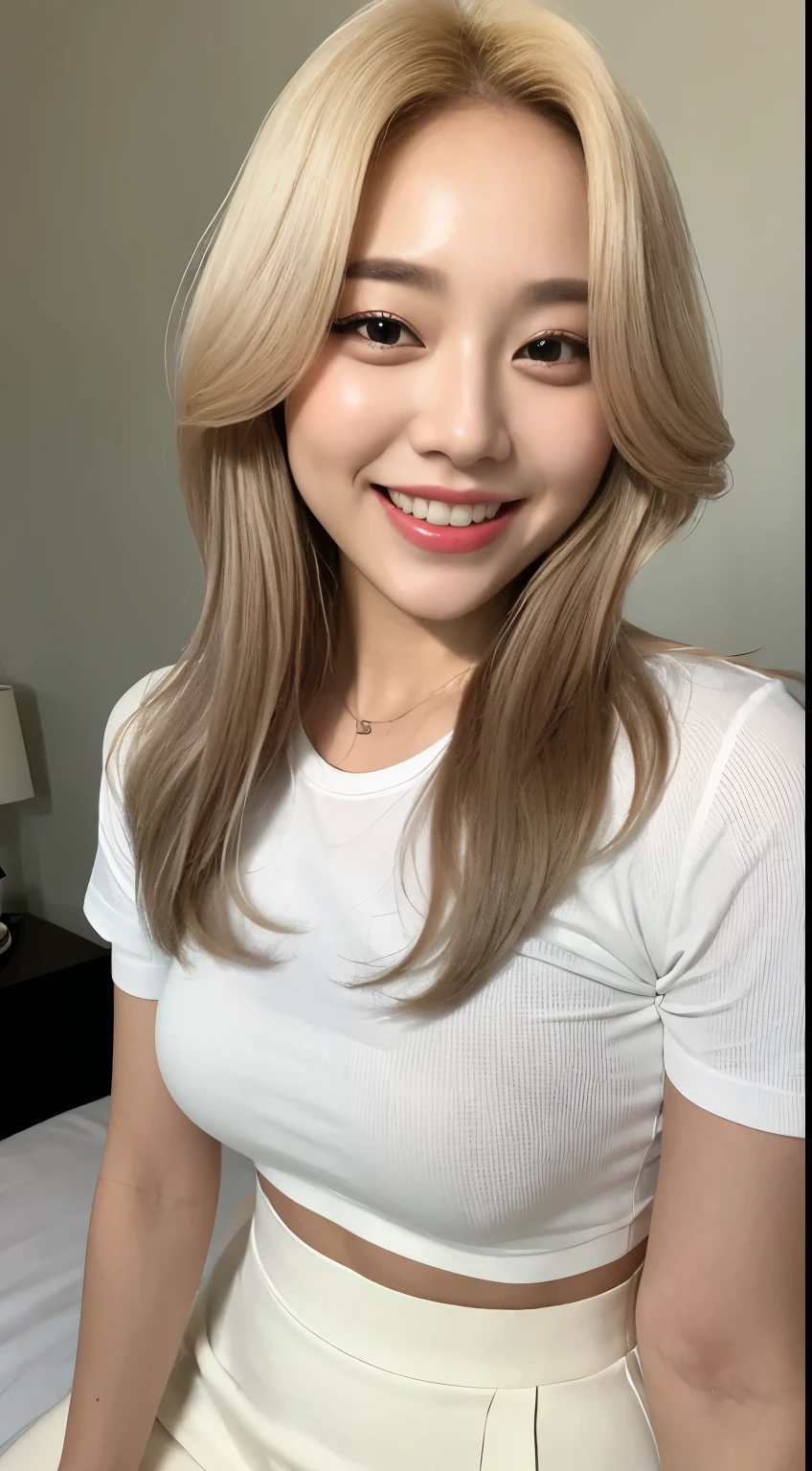 White tight shirt、White tight mini skirt、bed、smile、Short sleeve、high resolution、Korean idol face、double eyelid、White teeth、Medium Hair、Blonde