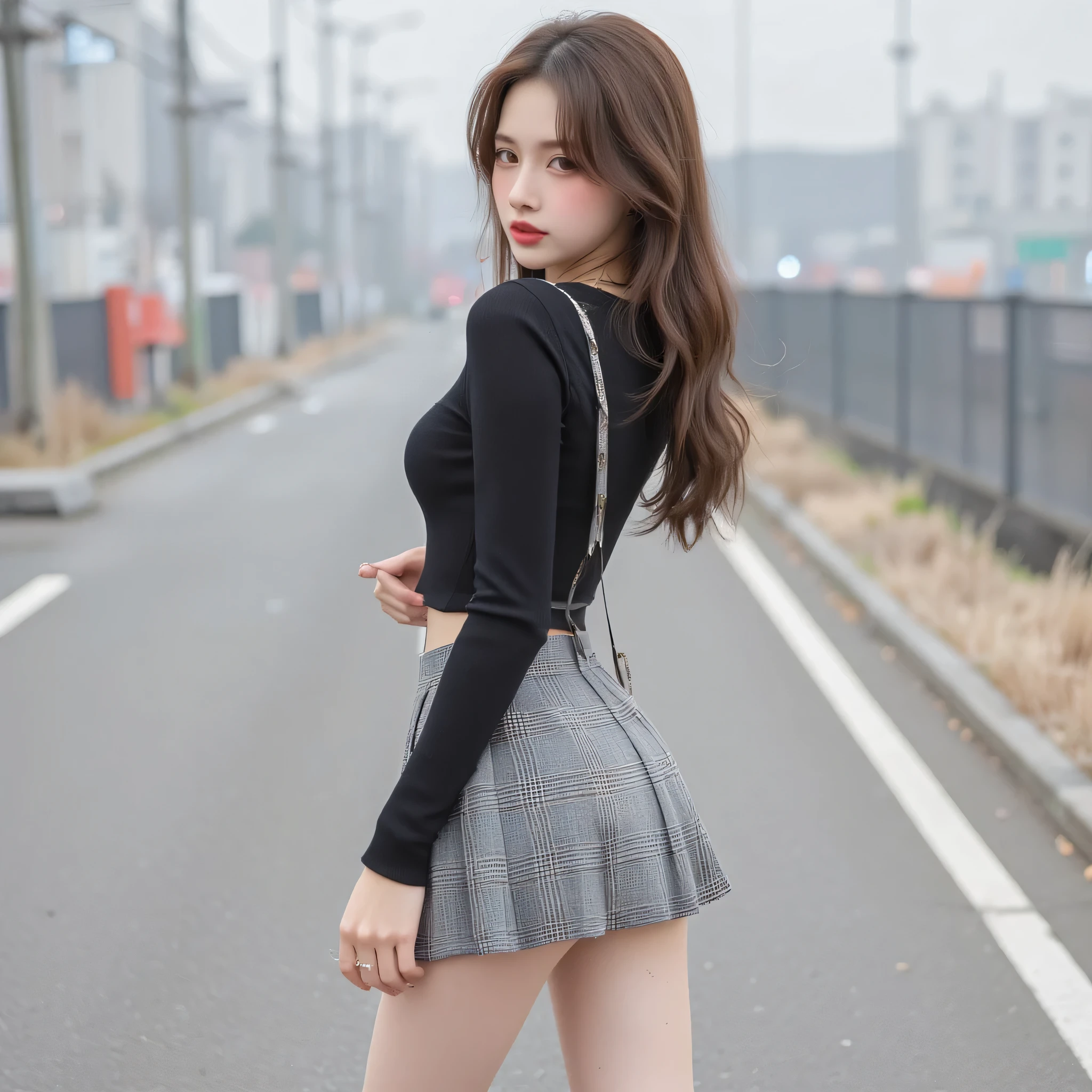Very cute 19 years old korean girl with very very ling brunette straight hair is posing with her back side on a very foggy morning on a street of big city dressed in a very short mini skirt plaid her skin is lucid and a little bit wet, she wearing the nylon tights white, nice classical shoes school, a pity women bag. Her ass is very sexy and good fit skinny. Her skirt is very short as we can see her ass and underwear panties